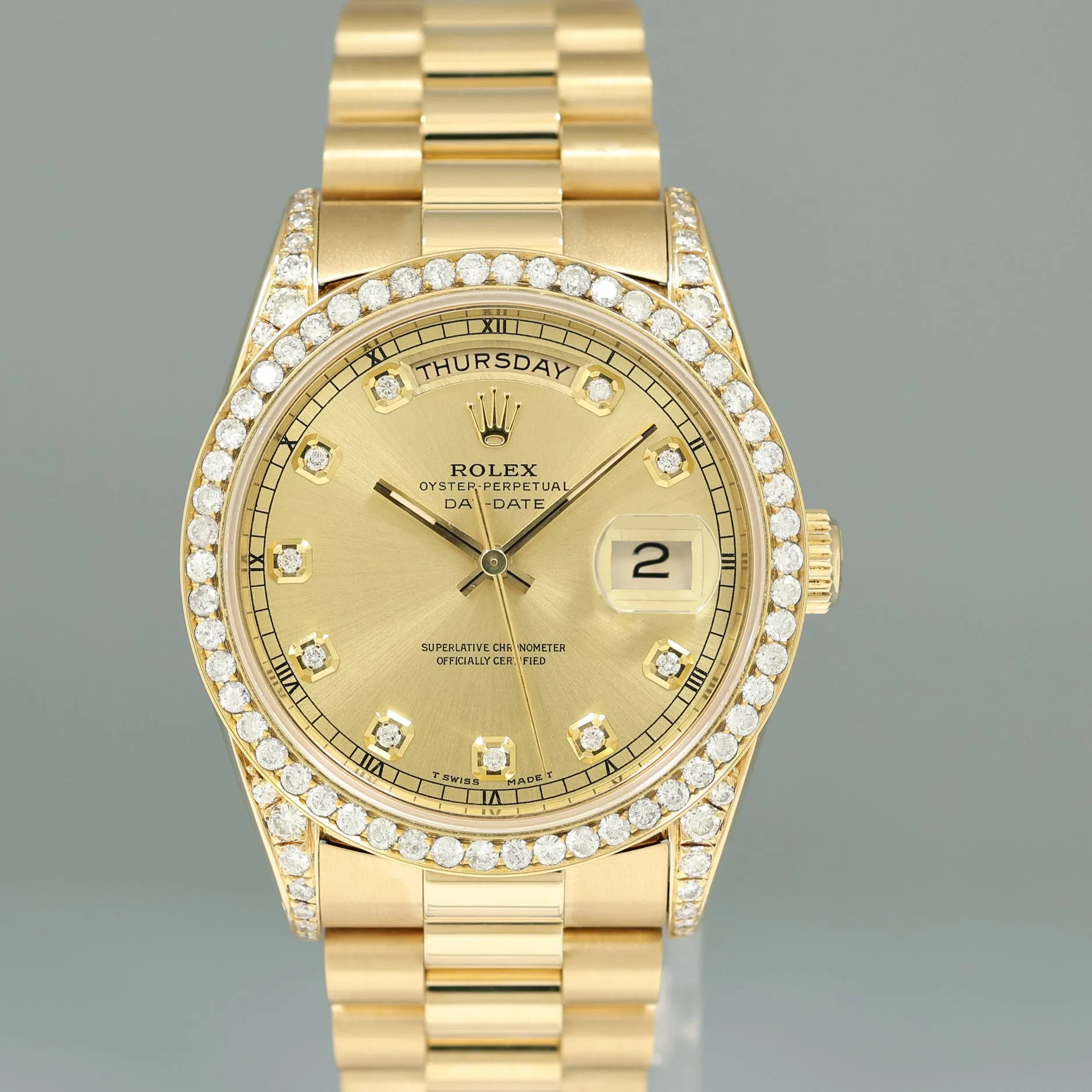 MINT Rolex President Champagne Diamond Lugs Bezel Double Quick Gold 18238 Watch