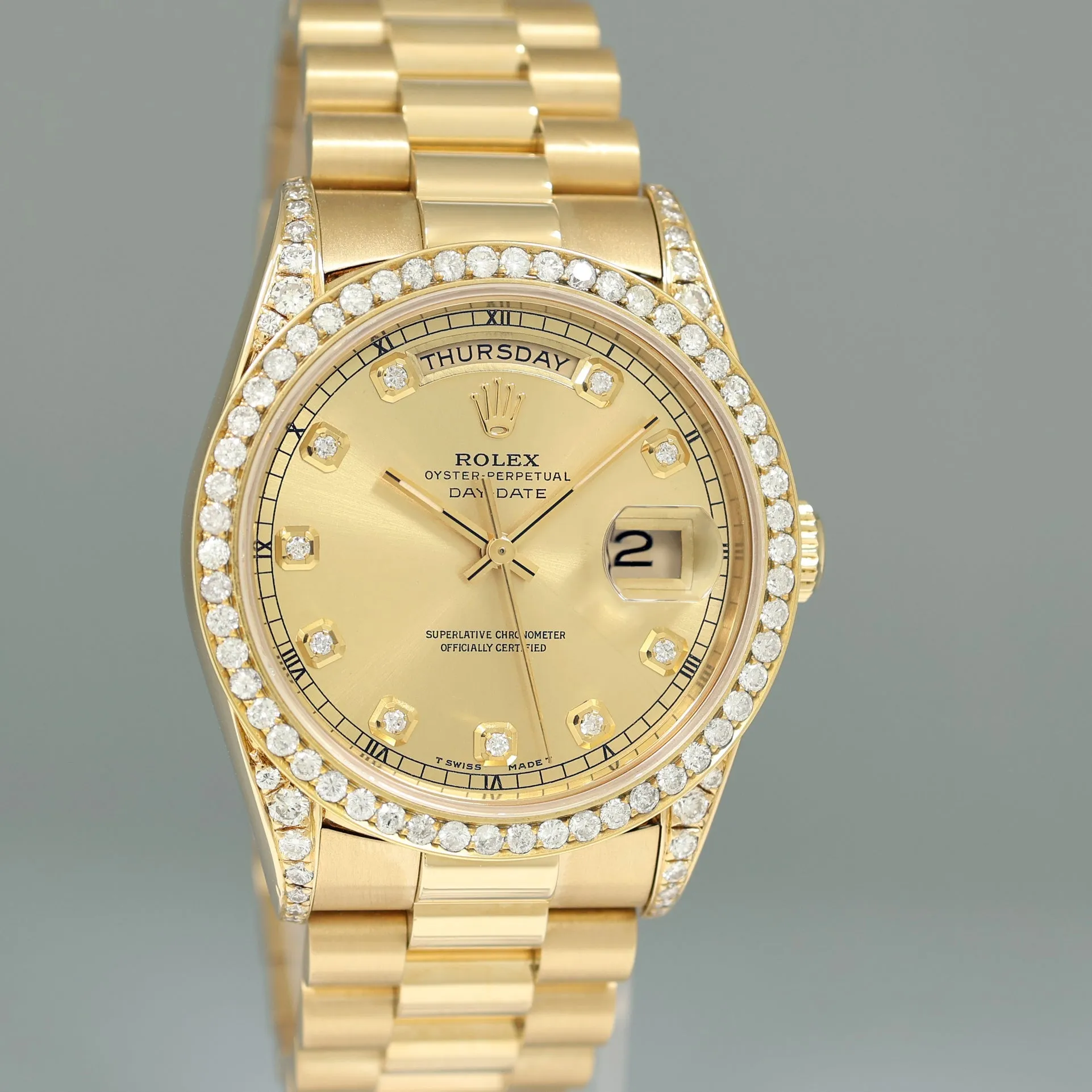 MINT Rolex President Champagne Diamond Lugs Bezel Double Quick Gold 18238 Watch