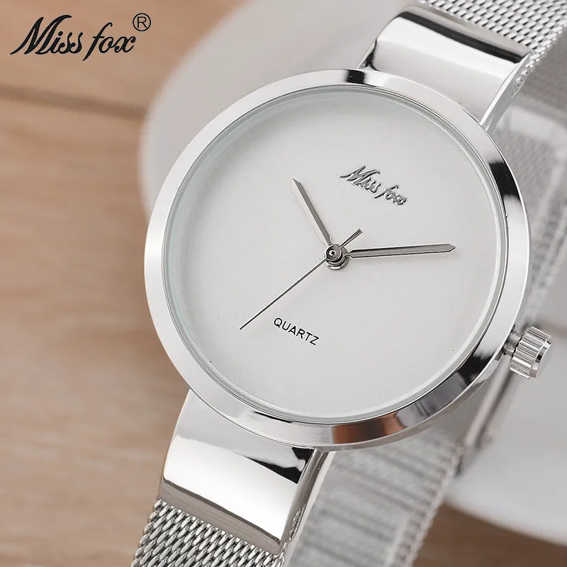 Miss Fox Silver Minimalist Watch Steel Slim Simple Style Ultra Thin Watch Waterproof