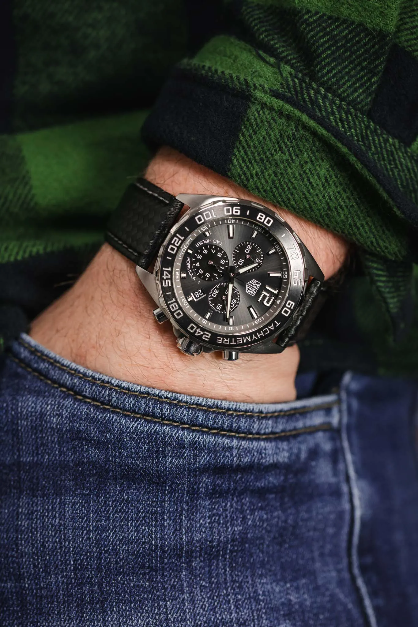Morellato BIKING Carbon Fibre-Embossed Calfskin Leather Watch Strap in BLACK with GREY Stitch