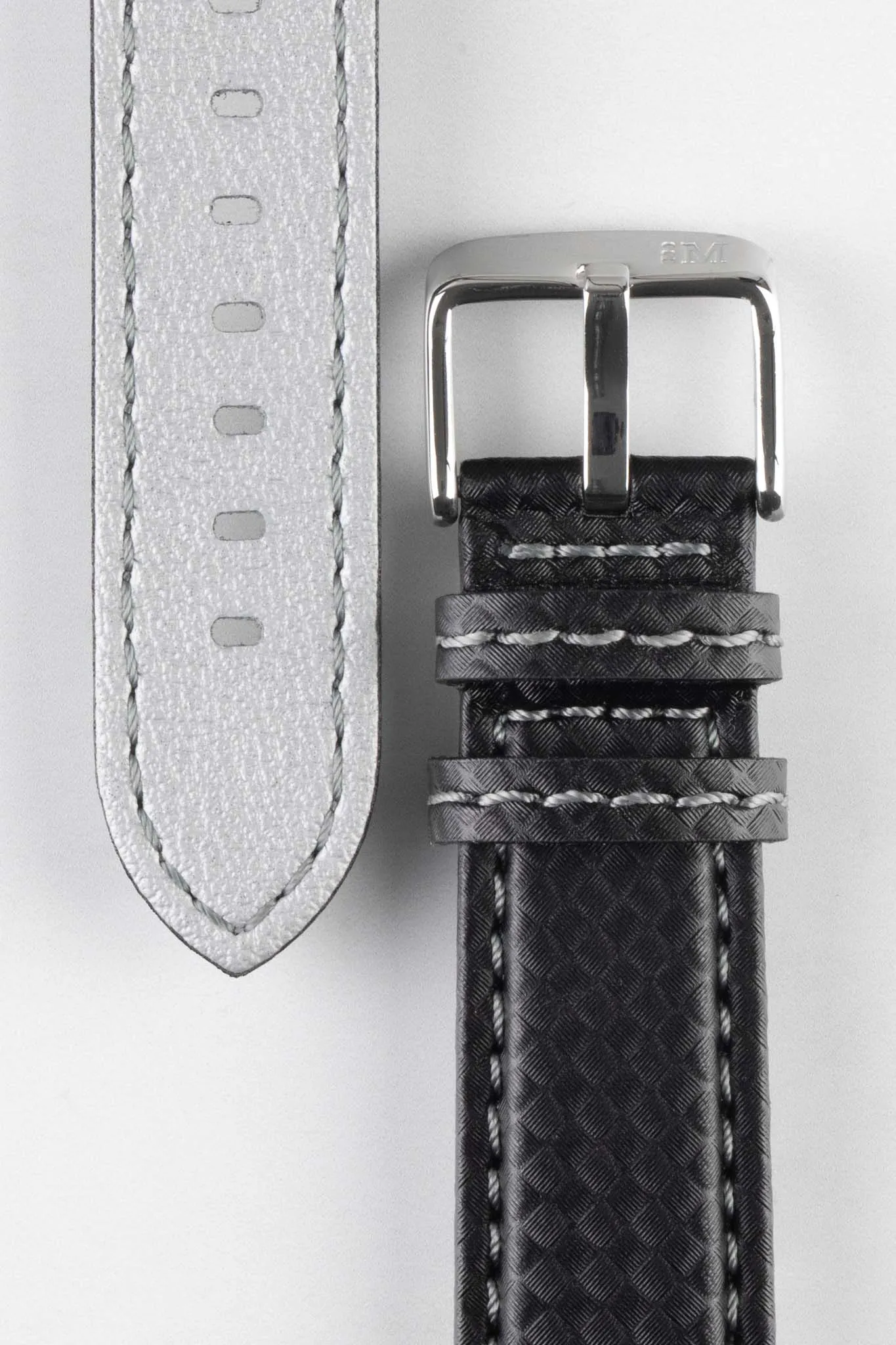 Morellato BIKING Carbon Fibre-Embossed Calfskin Leather Watch Strap in BLACK with GREY Stitch