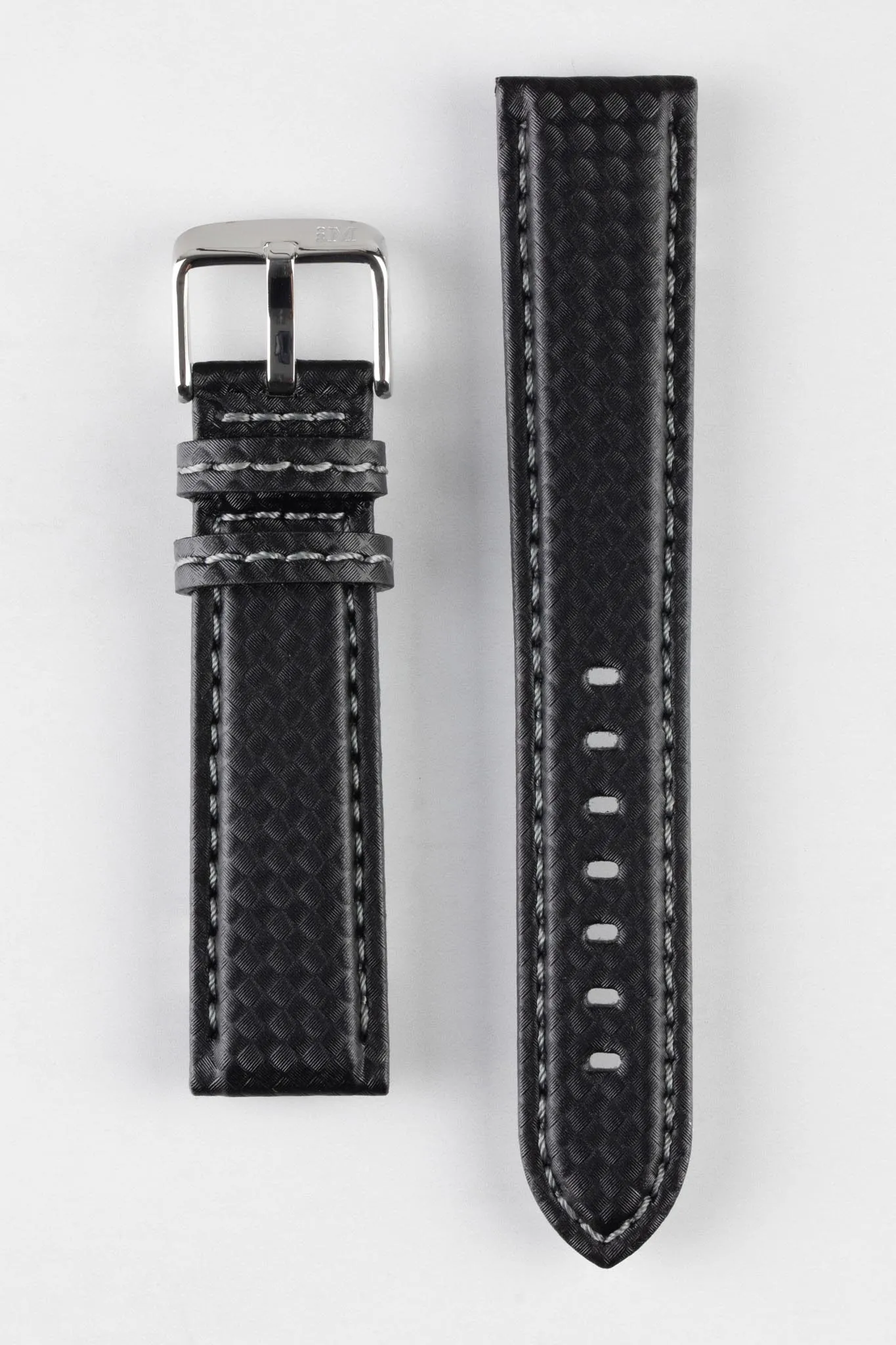Morellato BIKING Carbon Fibre-Embossed Calfskin Leather Watch Strap in BLACK with GREY Stitch
