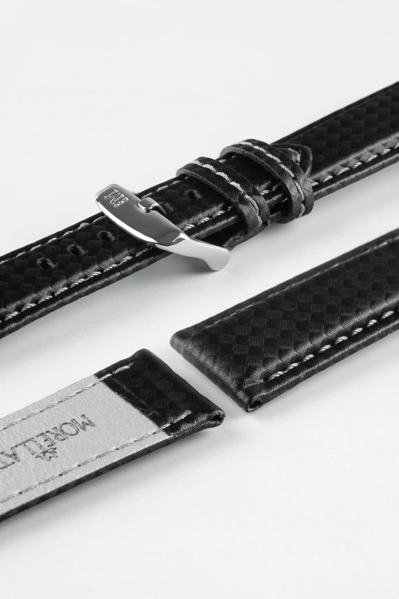 Morellato BIKING Carbon Fibre-Embossed Calfskin Leather Watch Strap in BLACK with GREY Stitch