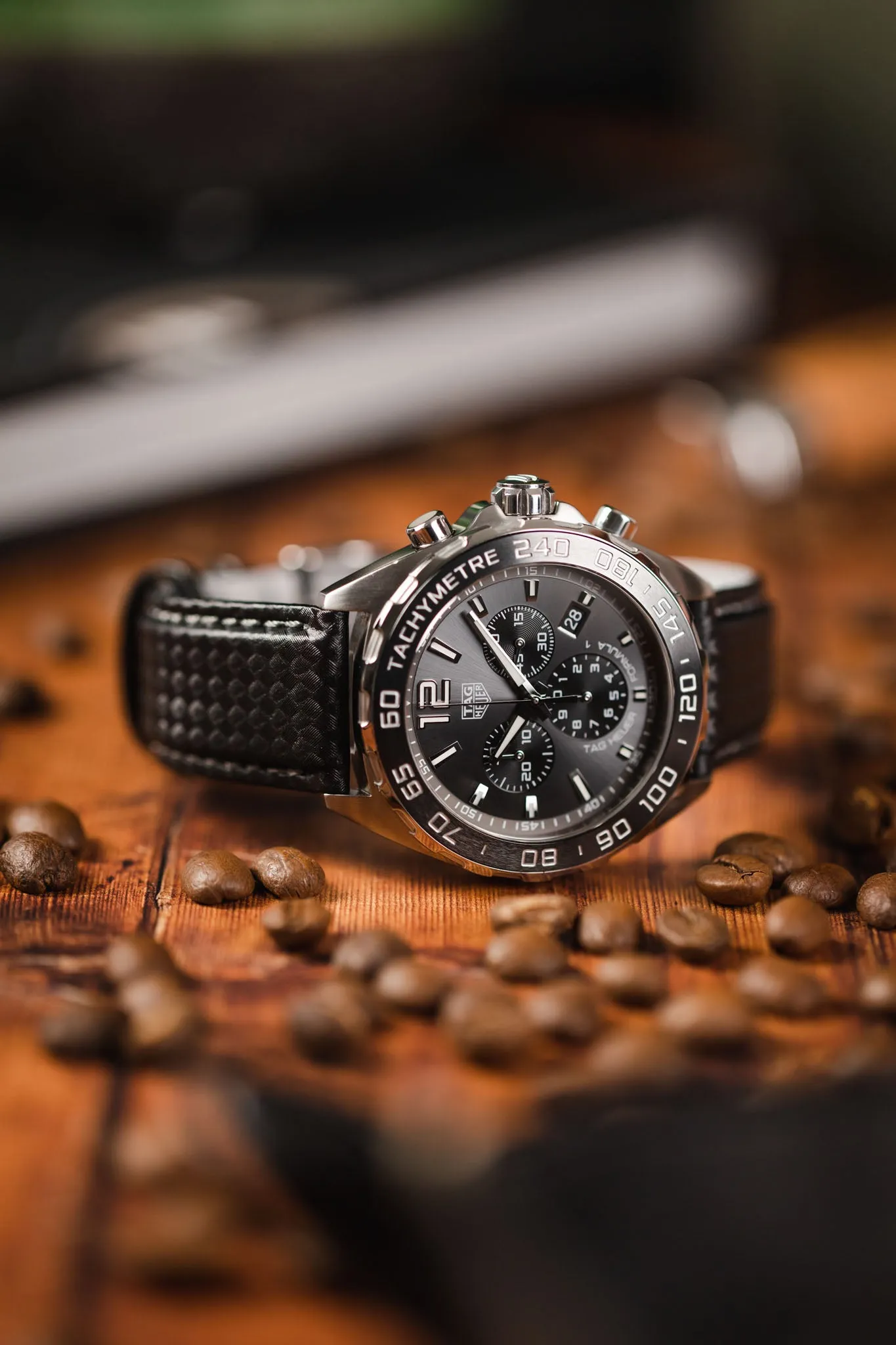 Morellato BIKING Carbon Fibre-Embossed Calfskin Leather Watch Strap in BLACK with GREY Stitch
