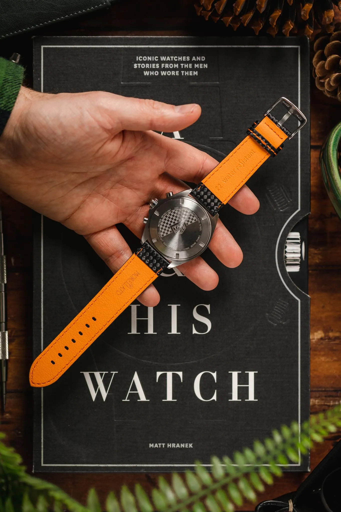 Morellato BIKING Carbon Fibre-Embossed Calfskin Leather Watch Strap in BLACK with ORANGE Stitching