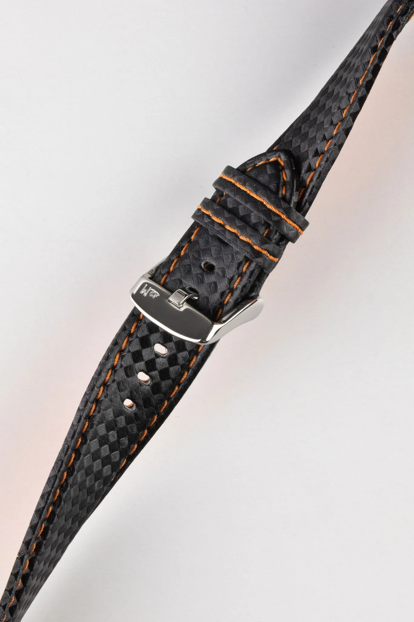 Morellato BIKING Carbon Fibre-Embossed Calfskin Leather Watch Strap in BLACK with ORANGE Stitching