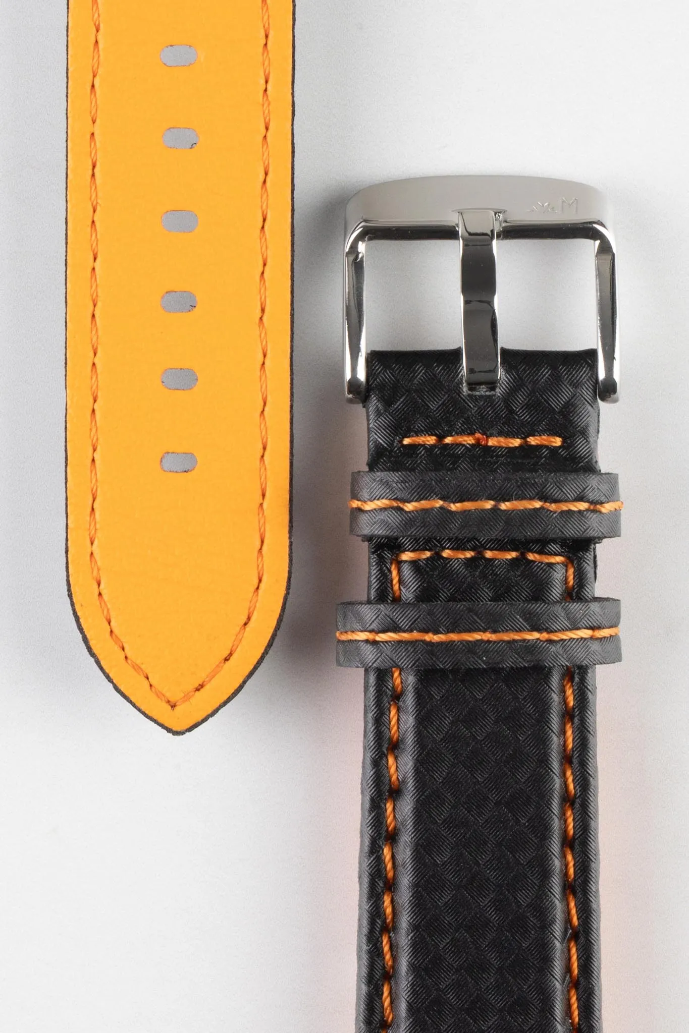 Morellato BIKING Carbon Fibre-Embossed Calfskin Leather Watch Strap in BLACK with ORANGE Stitching