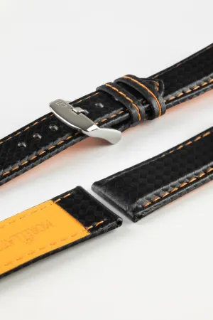 Morellato BIKING Carbon Fibre-Embossed Calfskin Leather Watch Strap in BLACK with ORANGE Stitching
