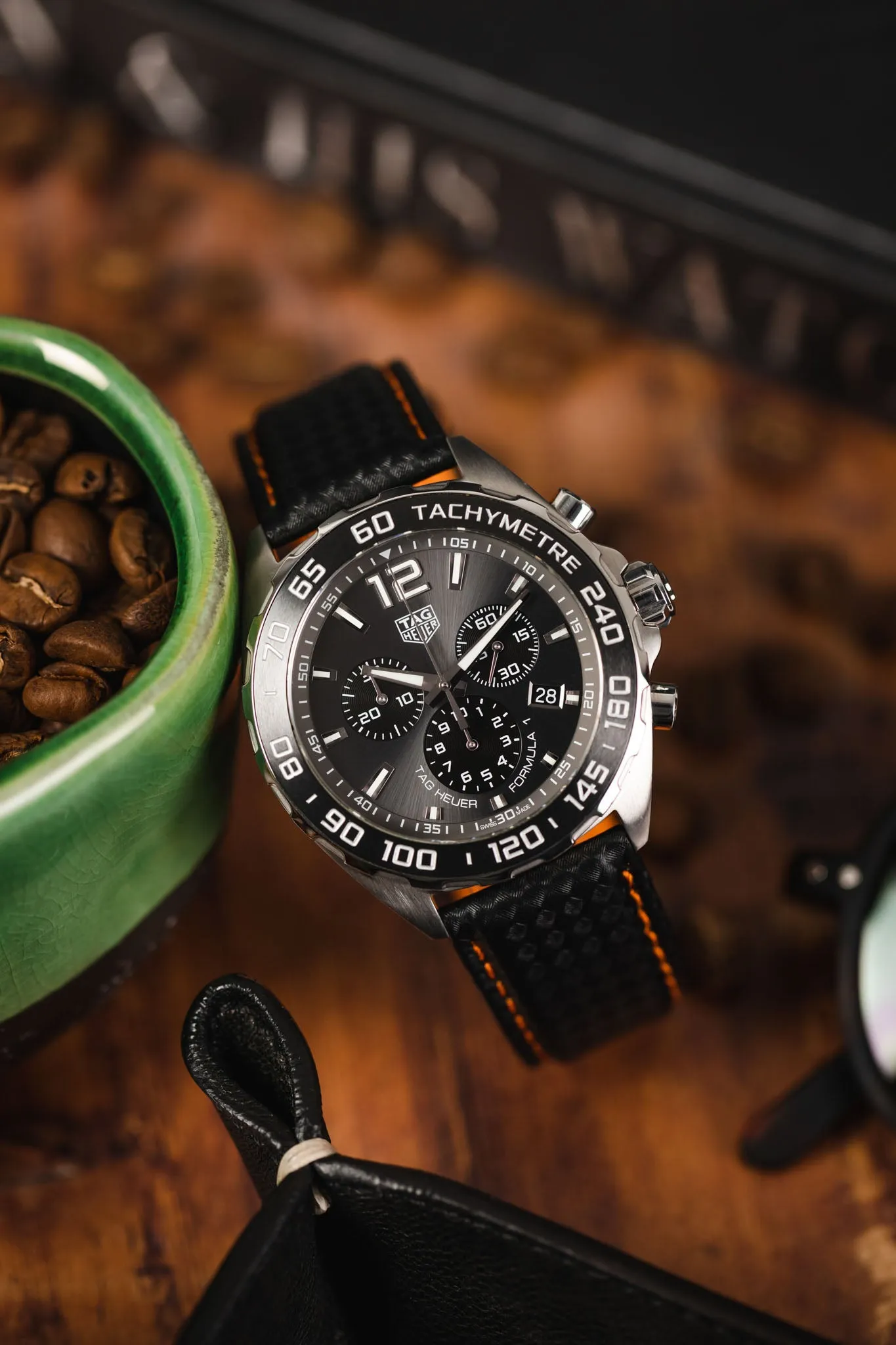 Morellato BIKING Carbon Fibre-Embossed Calfskin Leather Watch Strap in BLACK with ORANGE Stitching