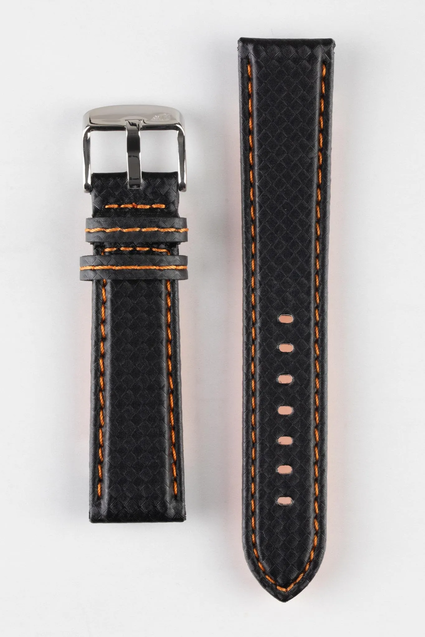 Morellato BIKING Carbon Fibre-Embossed Calfskin Leather Watch Strap in BLACK with ORANGE Stitching