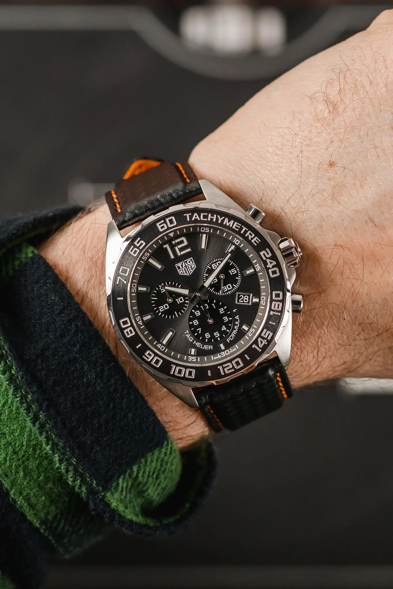 Morellato BIKING Carbon Fibre-Embossed Calfskin Leather Watch Strap in BLACK with ORANGE Stitching