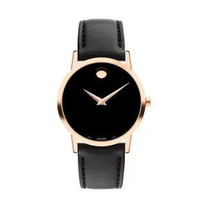 Movado Museum Classic Ladies Rose Tone Black Dial Black Leather Strap Watch