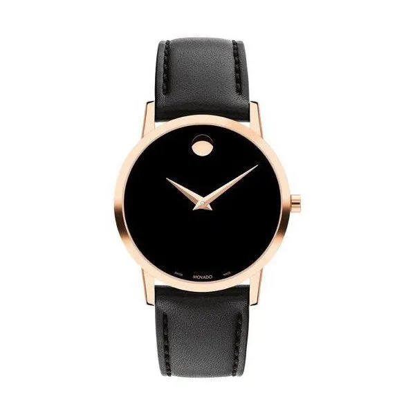 Movado Museum Classic Ladies Rose Tone Black Dial Black Leather Strap Watch