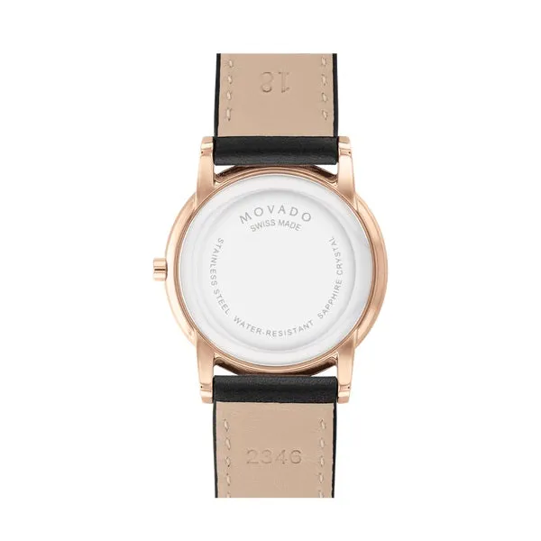 Movado Museum Classic Ladies Rose Tone Black Dial Black Leather Strap Watch