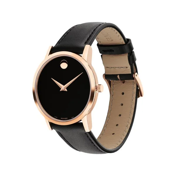 Movado Museum Classic Ladies Rose Tone Black Dial Black Leather Strap Watch