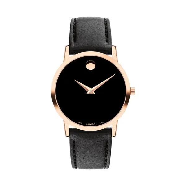 Movado Museum Classic Ladies Rose Tone Black Dial Black Leather Strap Watch