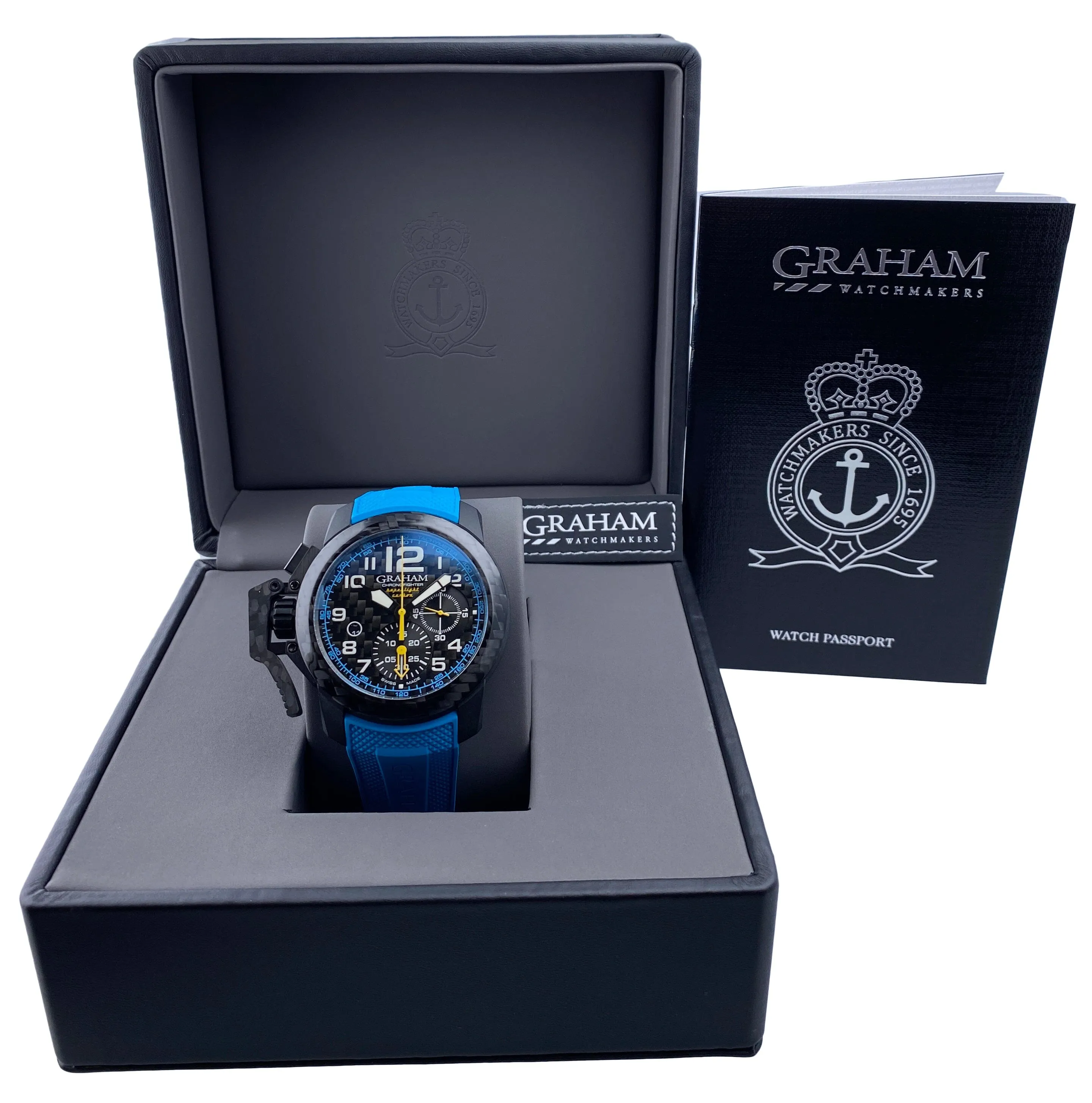 New Graham Chronofighter Oversize Superlight Carbon Blue Mens Watch Box Papers