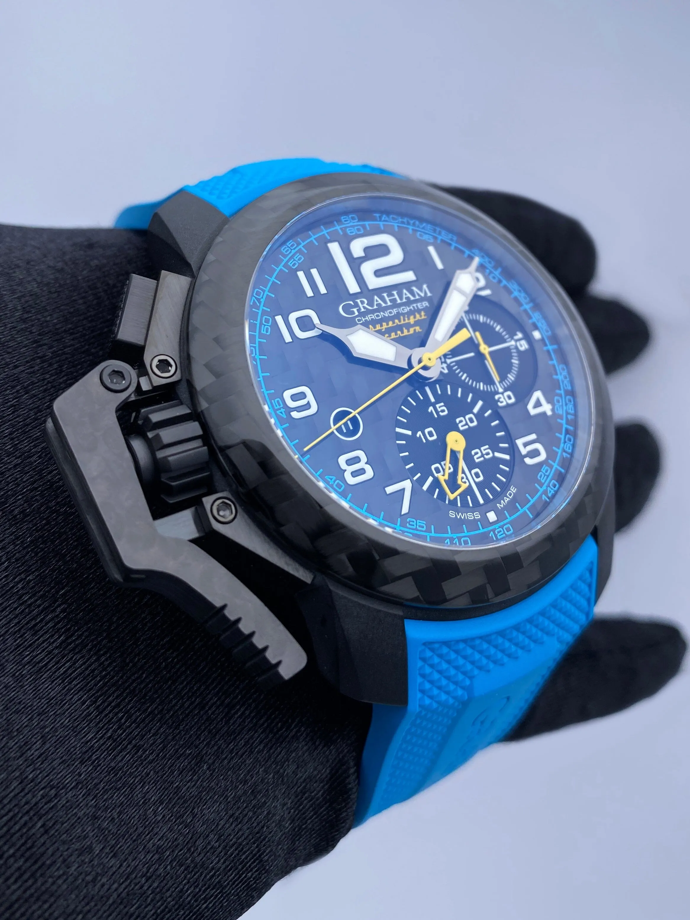 New Graham Chronofighter Oversize Superlight Carbon Blue Mens Watch Box Papers