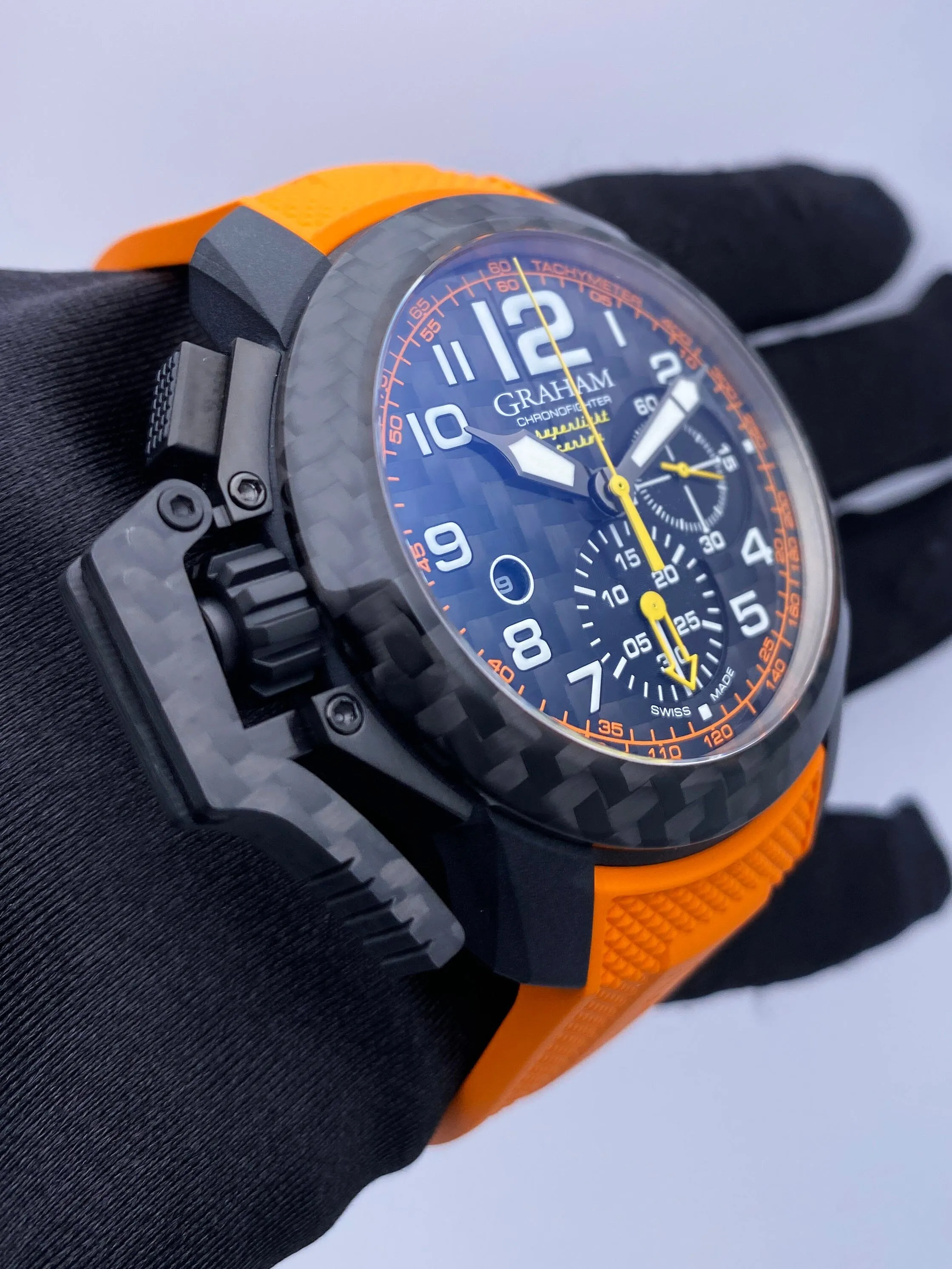 New Graham Chronofighter Oversize Superlight Carbon Orange Mens Watch Box Papers