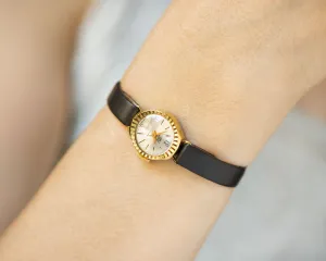 New old stock women watch minimalist Dawn, super small vintage lady watch delicate gift, gold plated watch NOS, new premium leather strap