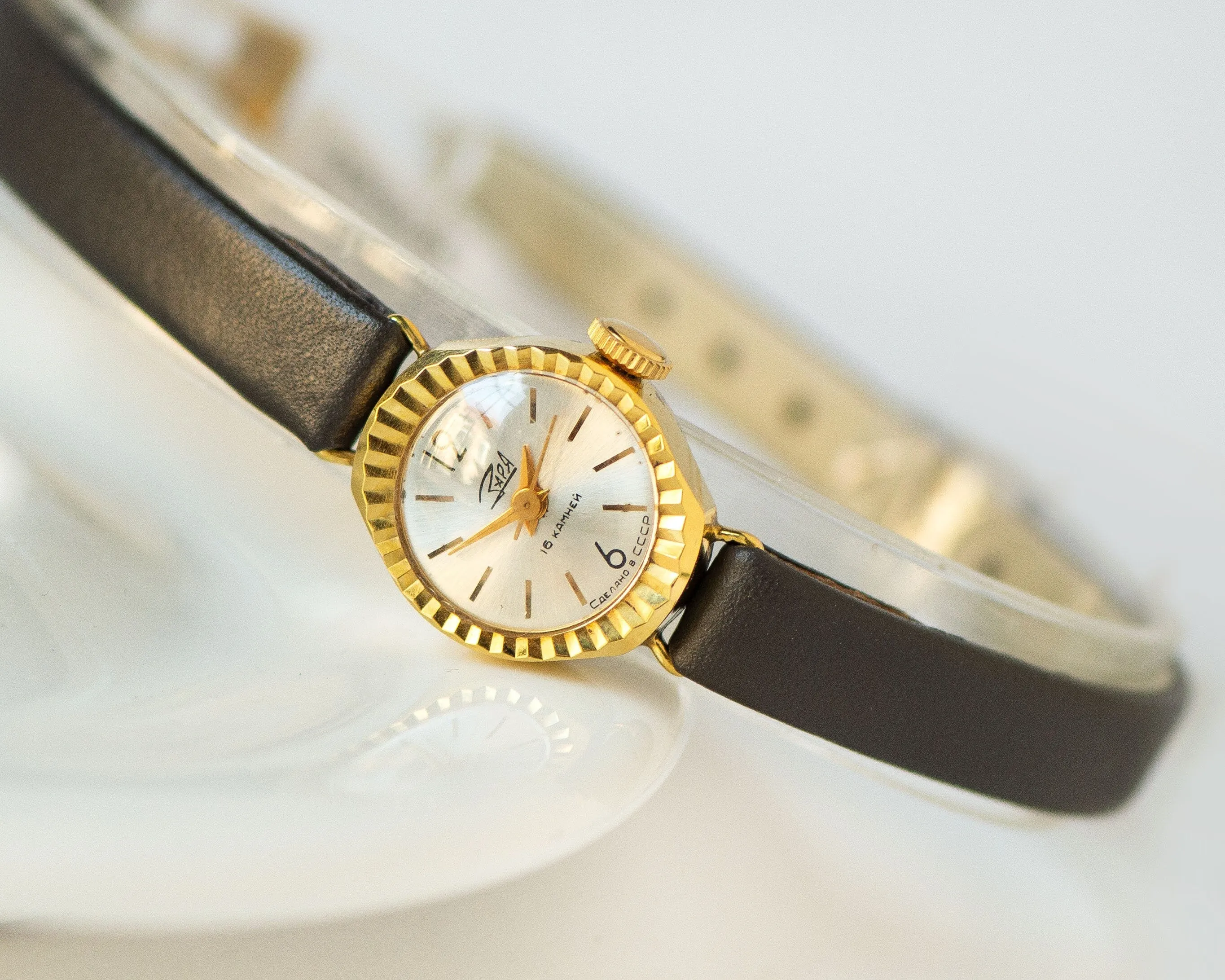 New old stock women watch minimalist Dawn, super small vintage lady watch delicate gift, gold plated watch NOS, new premium leather strap