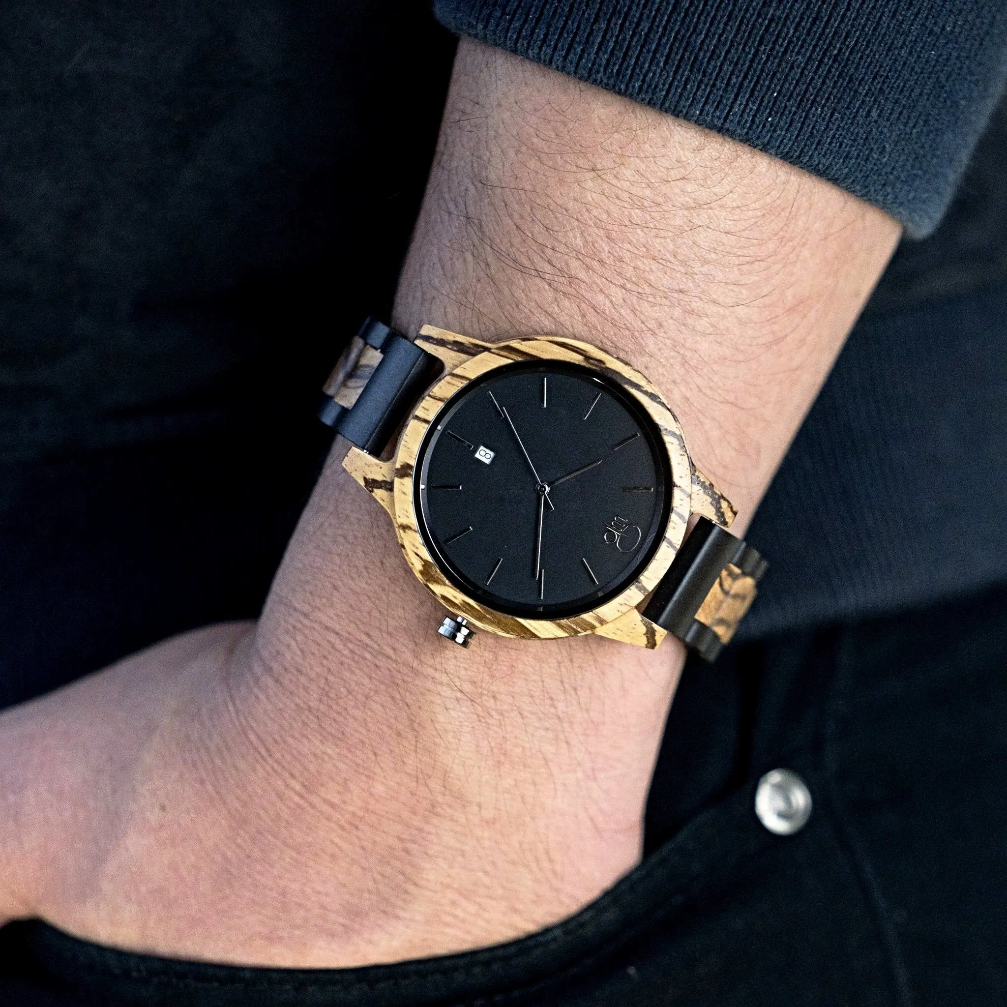 Niagara Ebony and Zebrawood Minimalist Wood Watch - Black Dial, Sapphire Crystal, Swiss Quartz Movement | Cascade Series