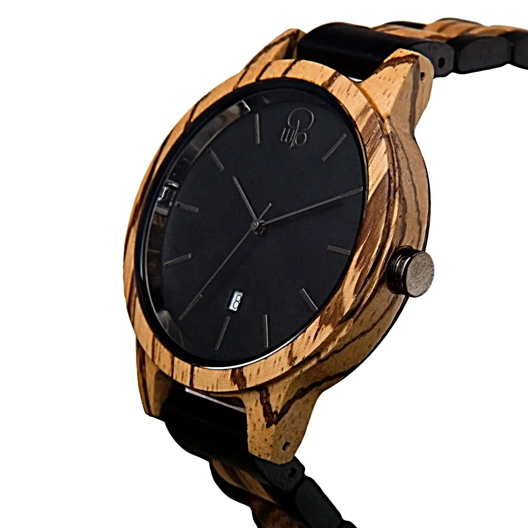 Niagara Ebony and Zebrawood Minimalist Wood Watch - Black Dial, Sapphire Crystal, Swiss Quartz Movement | Cascade Series