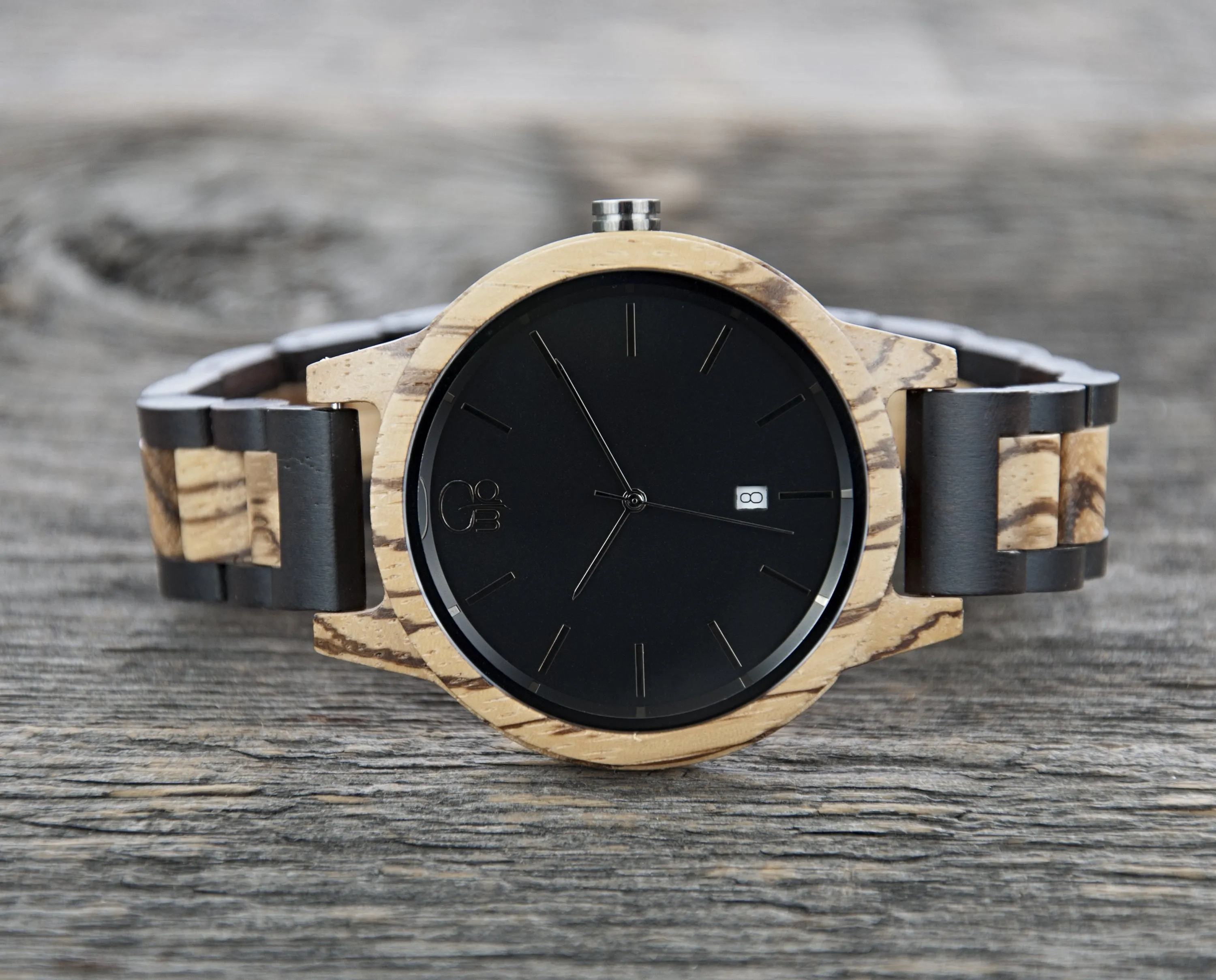 Niagara Ebony and Zebrawood Minimalist Wood Watch - Black Dial, Sapphire Crystal, Swiss Quartz Movement | Cascade Series
