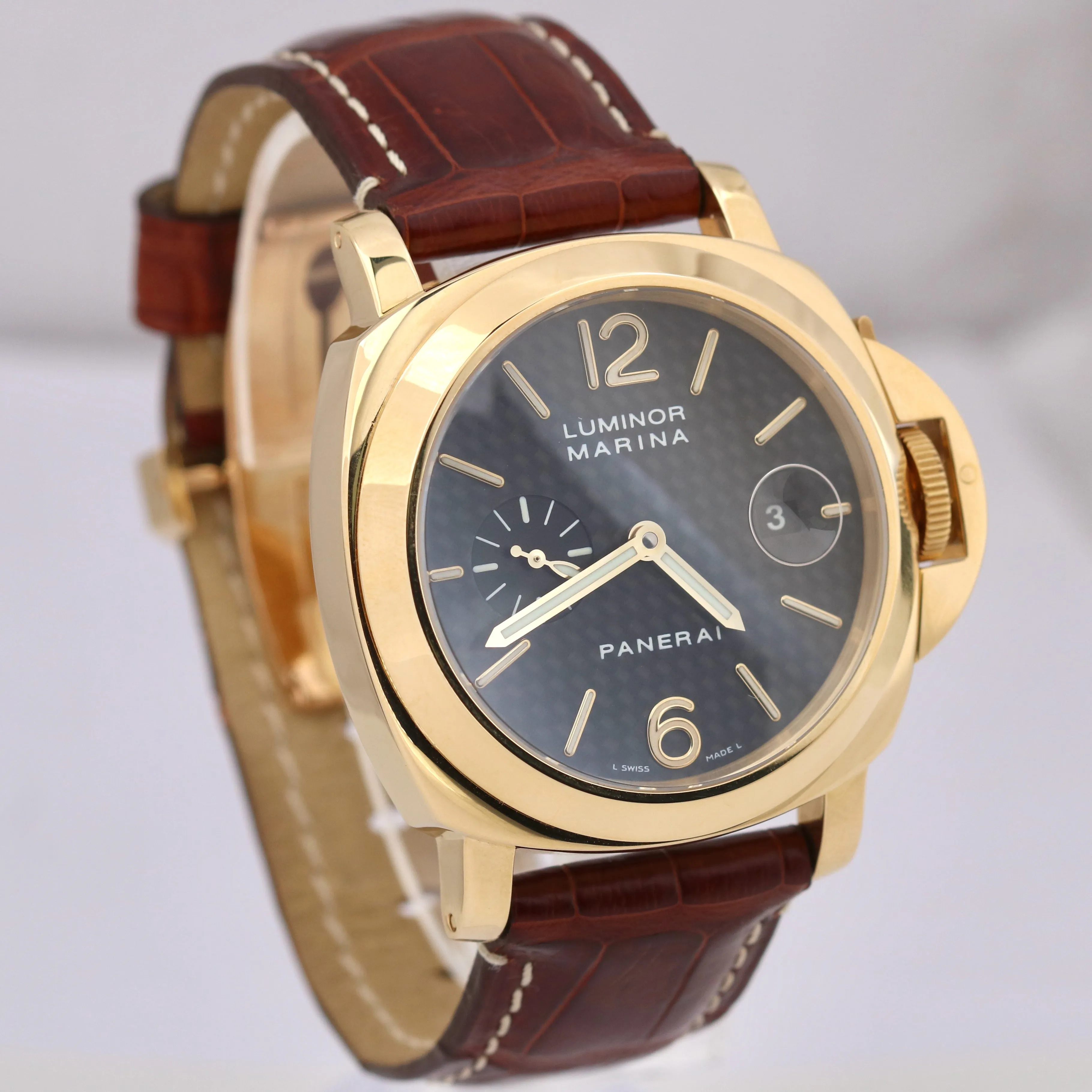 Panerai Luminor Marina PAM00140 Black 18K Yellow Gold Brown Leather 44mm PAM140