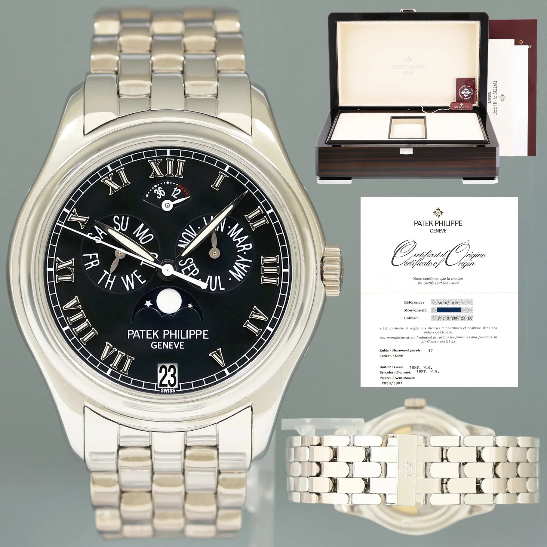 PAPERS & SERVICE Patek Philippe 5036G White Gold 37mm Annual Calendar Black Dial Watch