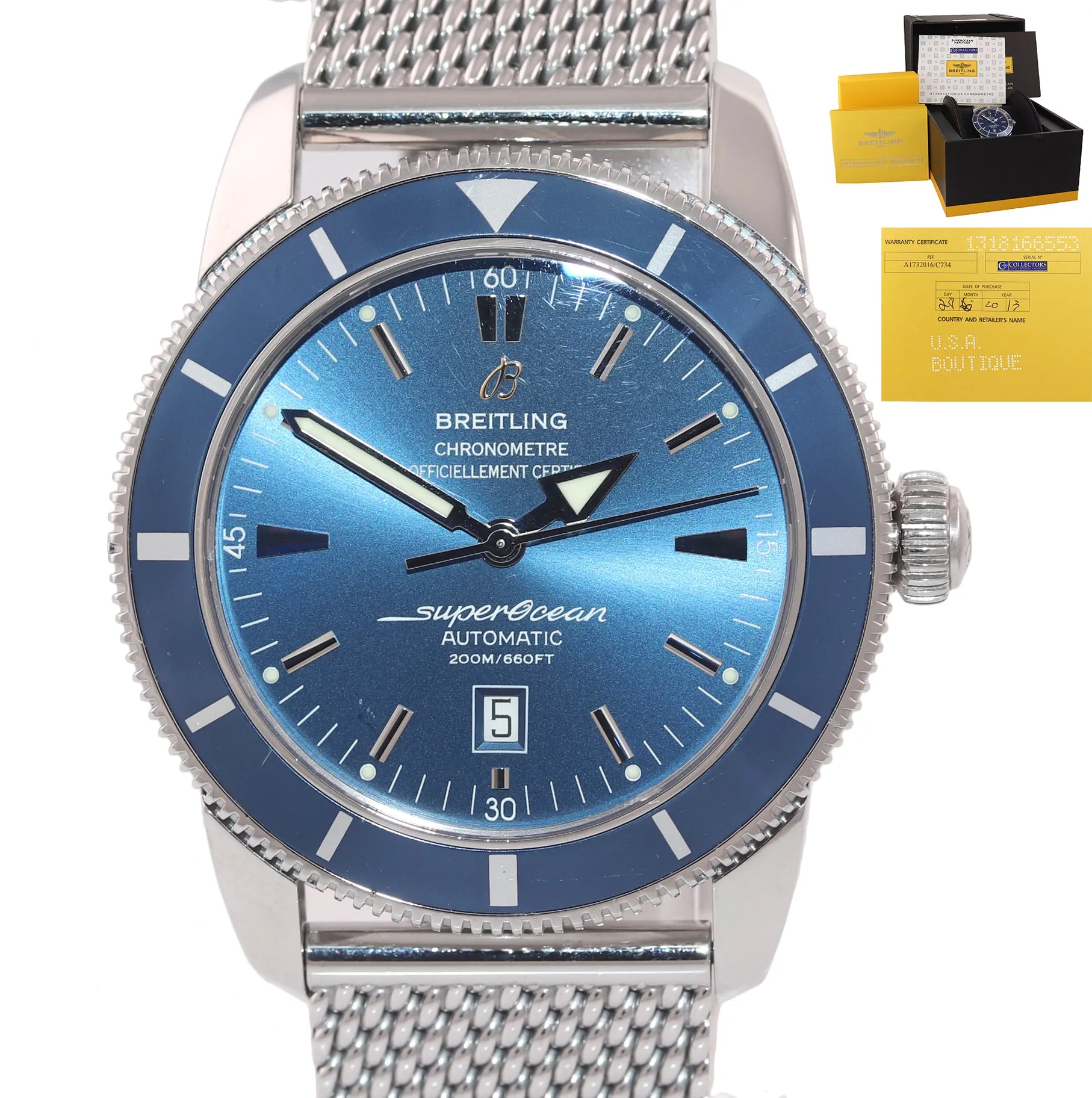 PAPERS Breitling SuperOcean Heritage 46 A17320 Blue Dial Date 46mm Mesh Watch