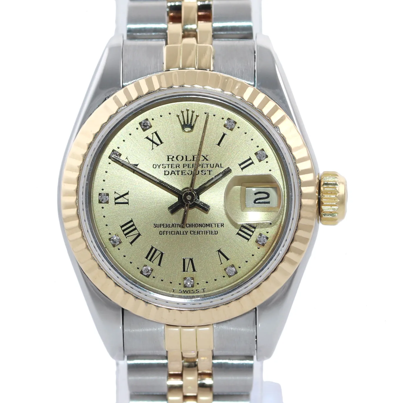 PAPERS Ladies Rolex 67193 Two Tone 18k Gold 26mm Champagne Diamond Watch Box