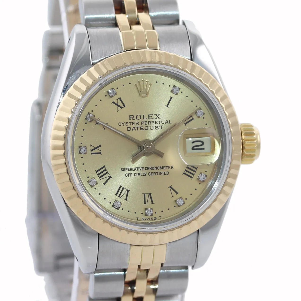 PAPERS Ladies Rolex 67193 Two Tone 18k Gold 26mm Champagne Diamond Watch Box