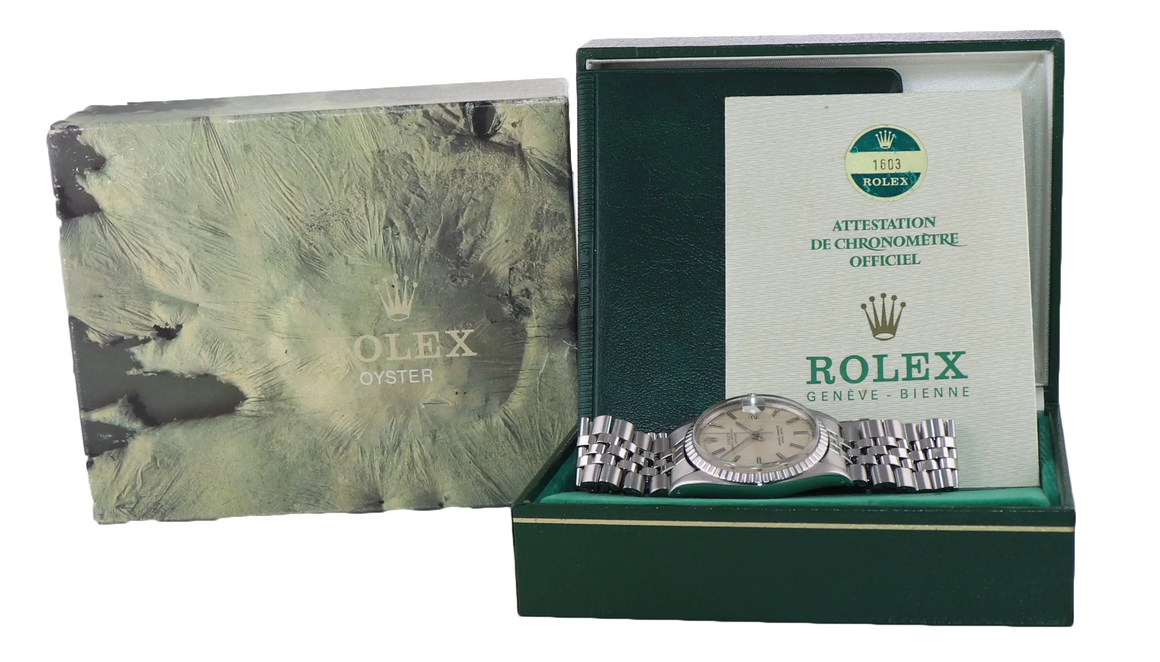 PAPERS Rolex DateJust 1603 Steel Silver Jubilee Band Date Fluted 36mm Watch Box