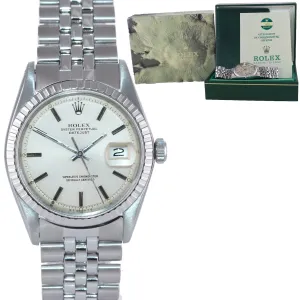 PAPERS Rolex DateJust 1603 Steel Silver Jubilee Band Date Fluted 36mm Watch Box
