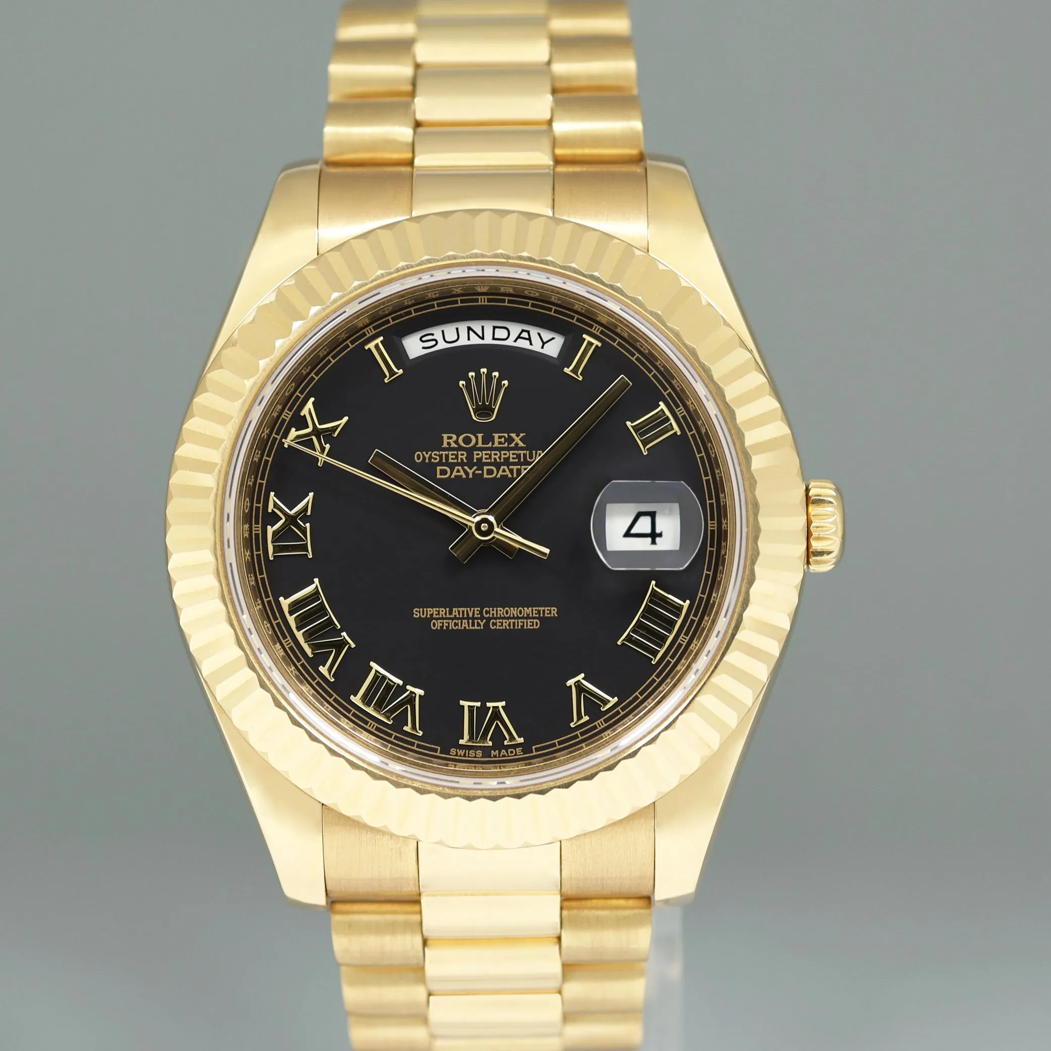 PAPERS Rolex Day Date II President Yellow Gold Black Roman 41mm 218238 Watch Box