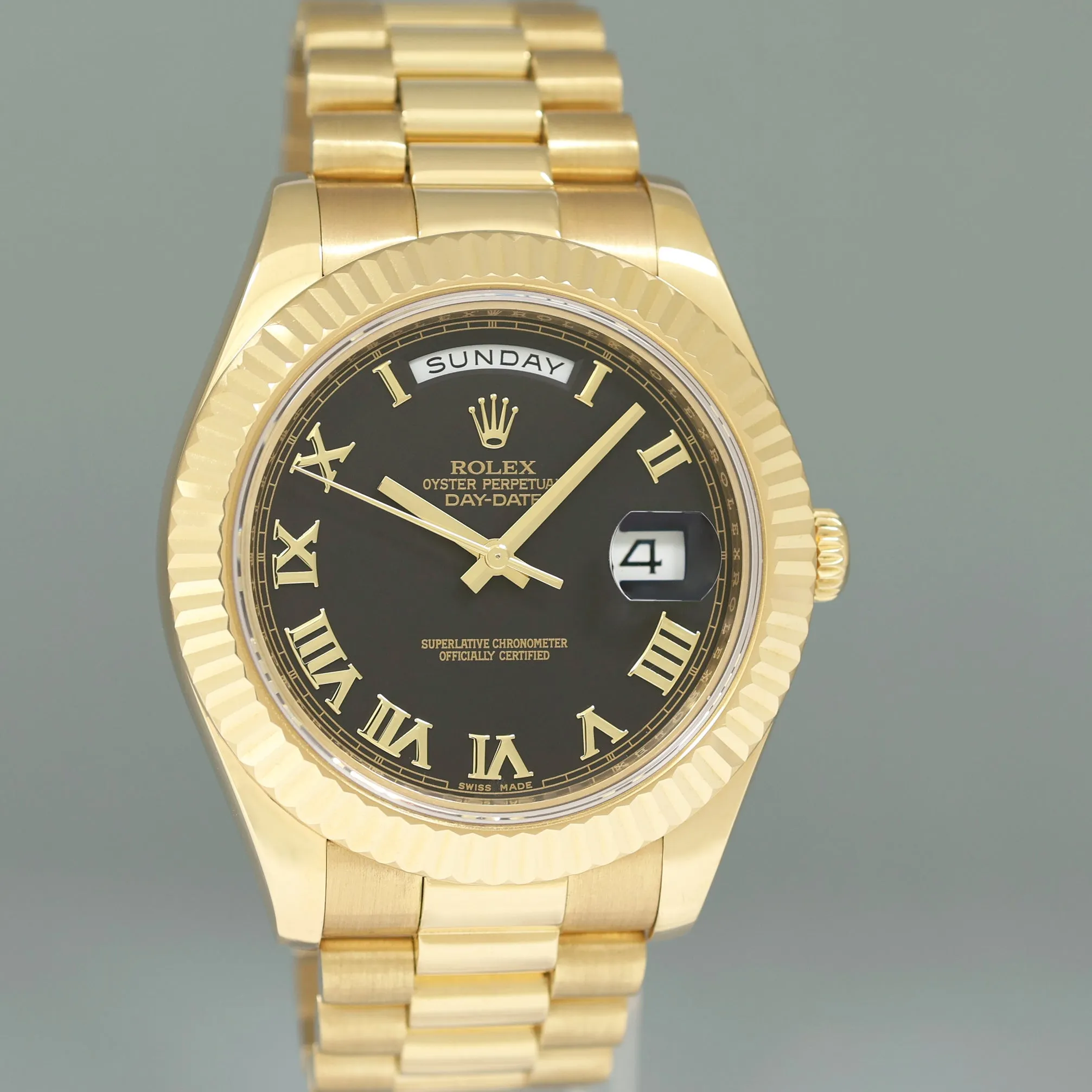 PAPERS Rolex Day Date II President Yellow Gold Black Roman 41mm 218238 Watch Box