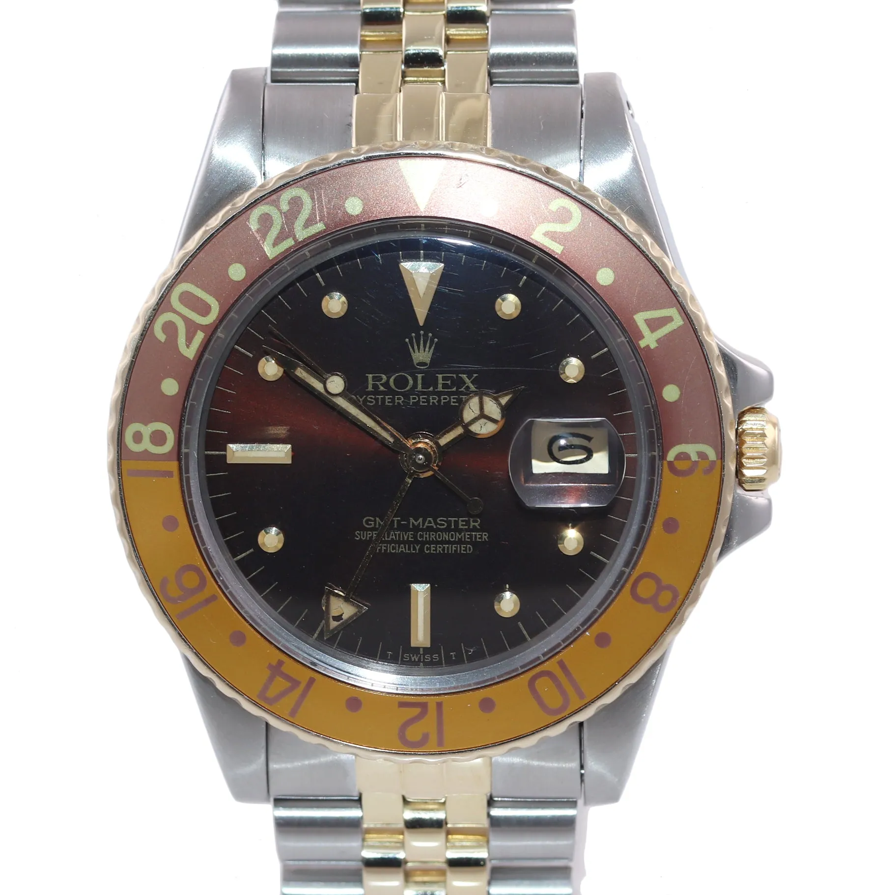 PAPERS Rolex GMT-Master 16753 Jubilee Two-Tone Root Beer Brown Nipple Watch