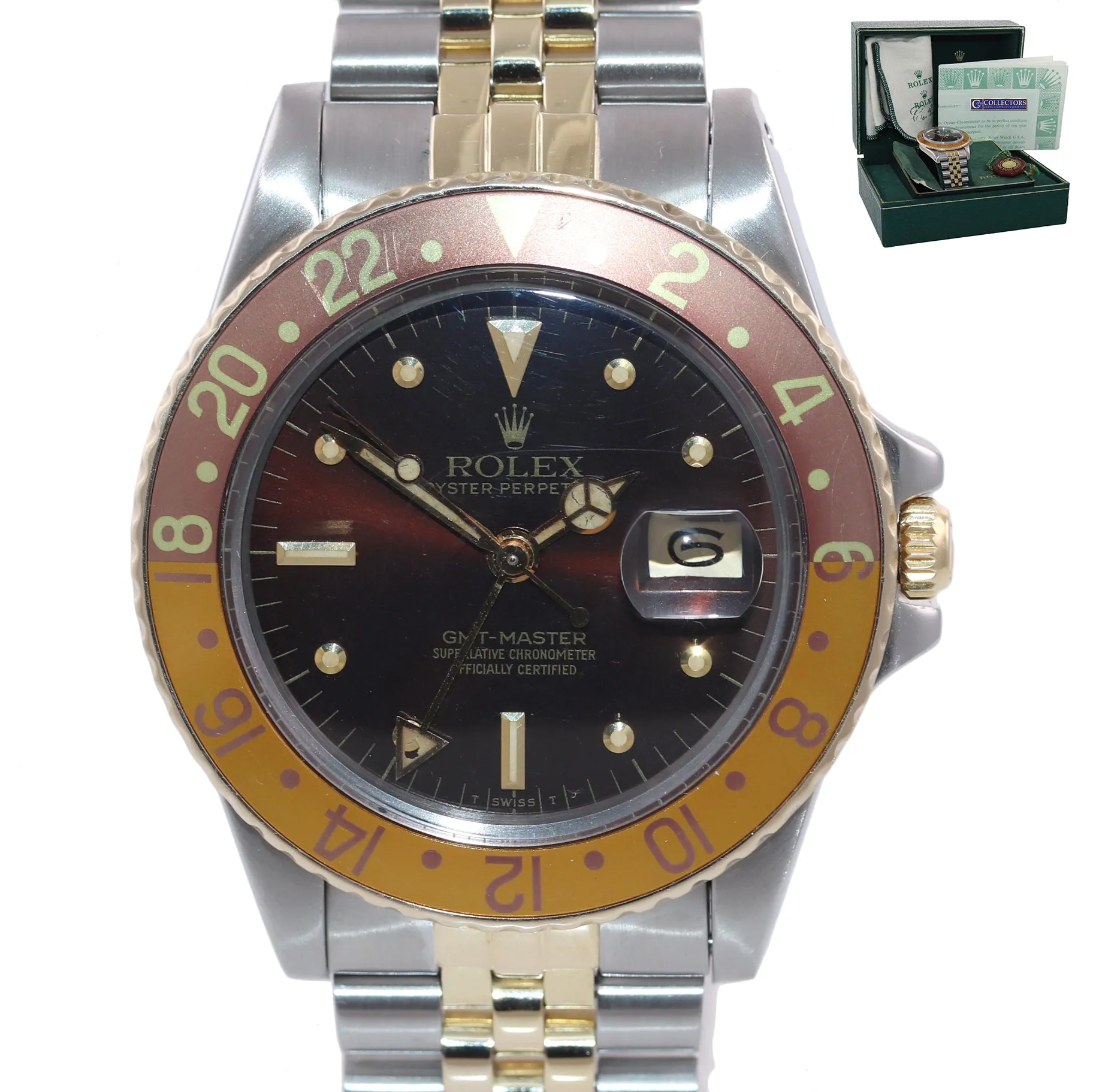 PAPERS Rolex GMT-Master 16753 Jubilee Two-Tone Root Beer Brown Nipple Watch