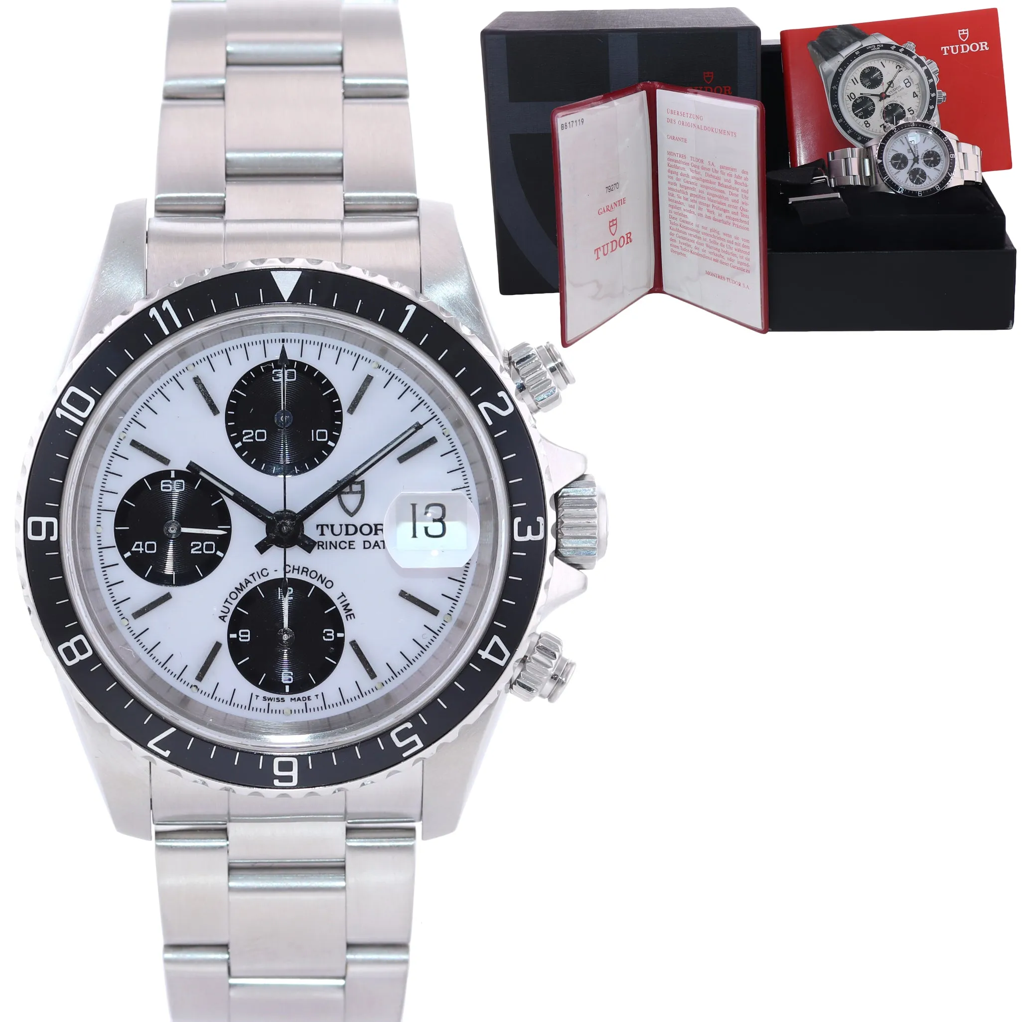 Papers Tudor Prince Date 79270 PRE-TIGER White Panda Chrono Black Bezel Watch
