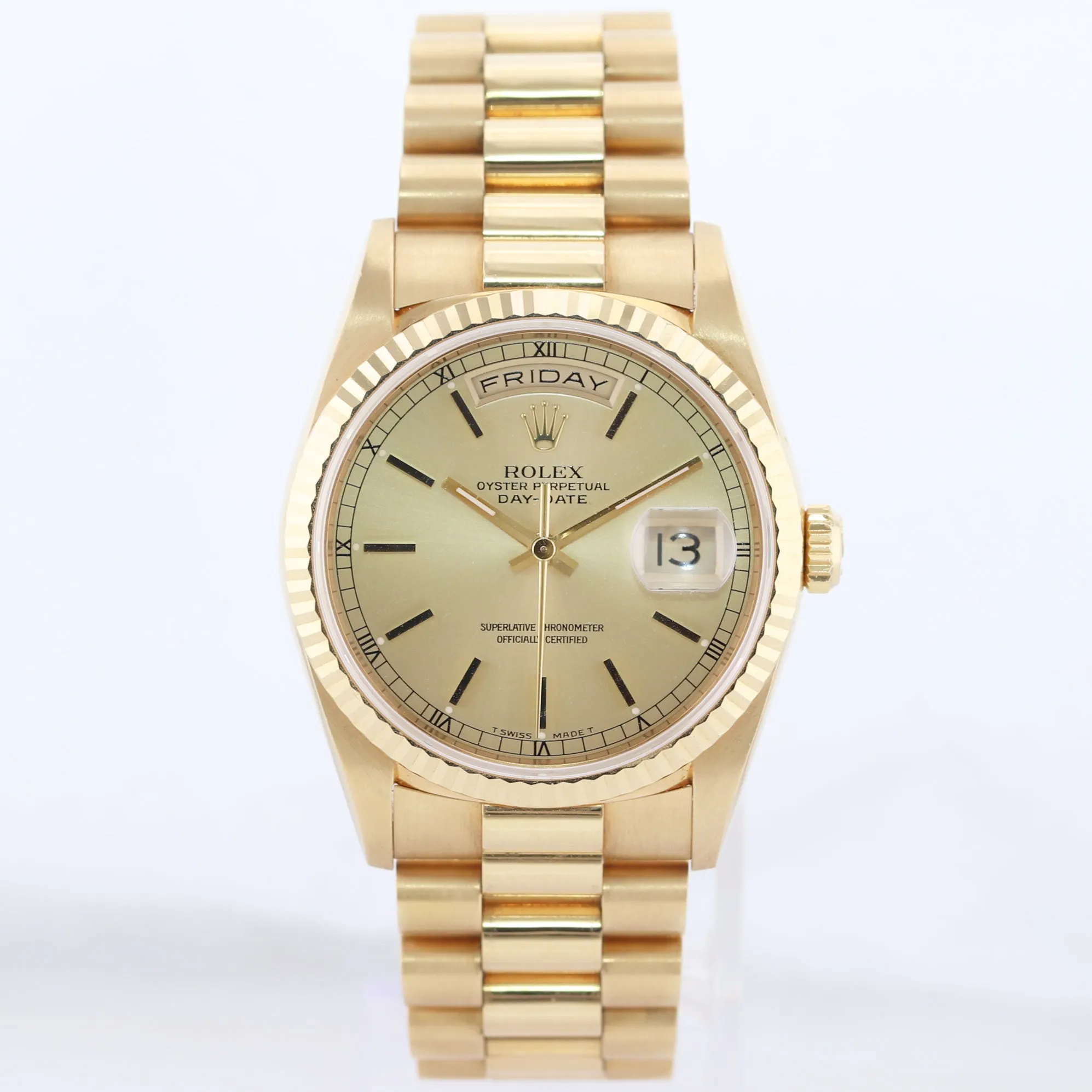 Papers Unpolished Rolex President Champagne Double Quick 18238 Yellow Gold Watch