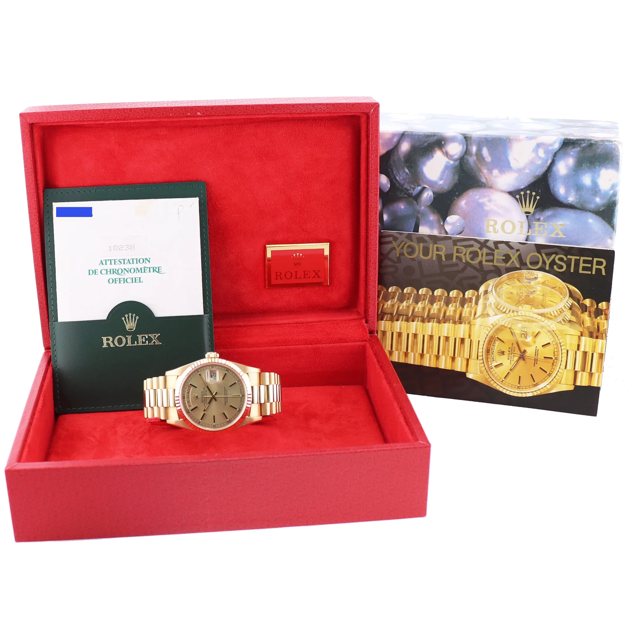 Papers Unpolished Rolex President Champagne Double Quick 18238 Yellow Gold Watch
