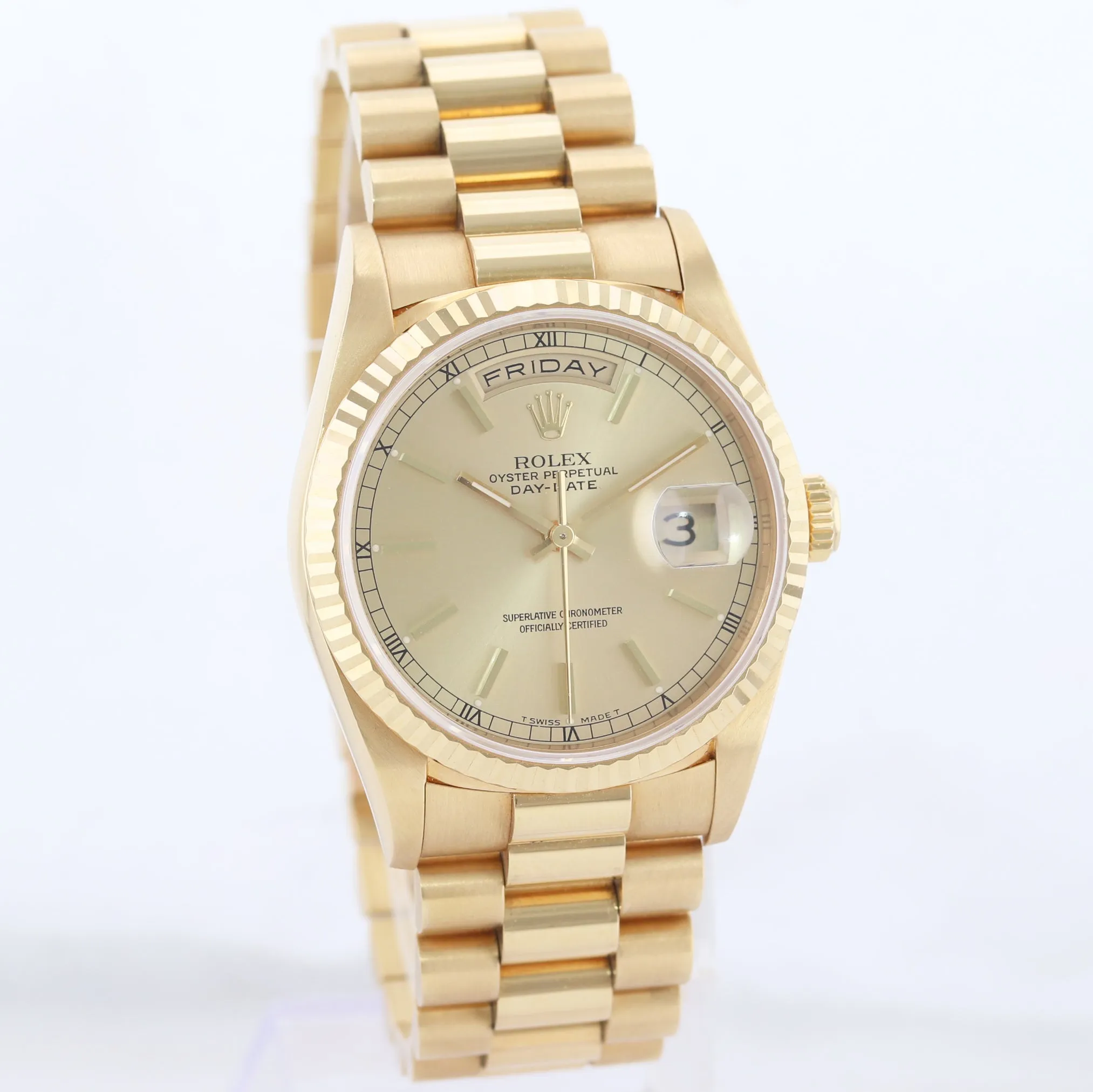 Papers Unpolished Rolex President Champagne Double Quick 18238 Yellow Gold Watch