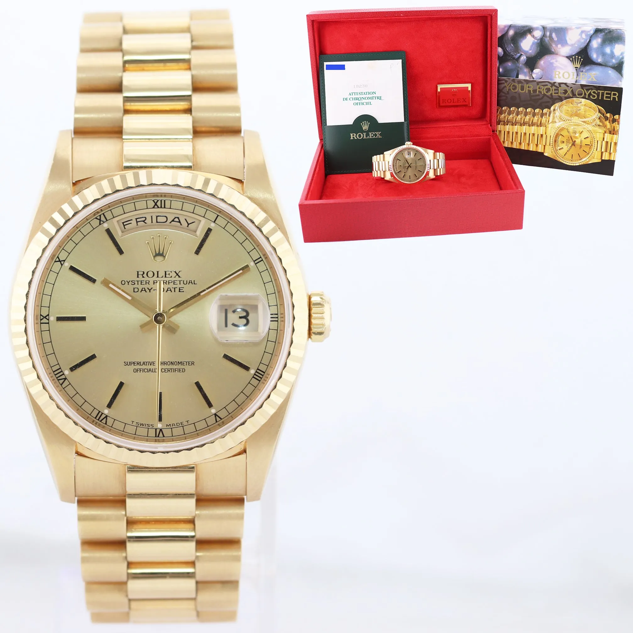 Papers Unpolished Rolex President Champagne Double Quick 18238 Yellow Gold Watch
