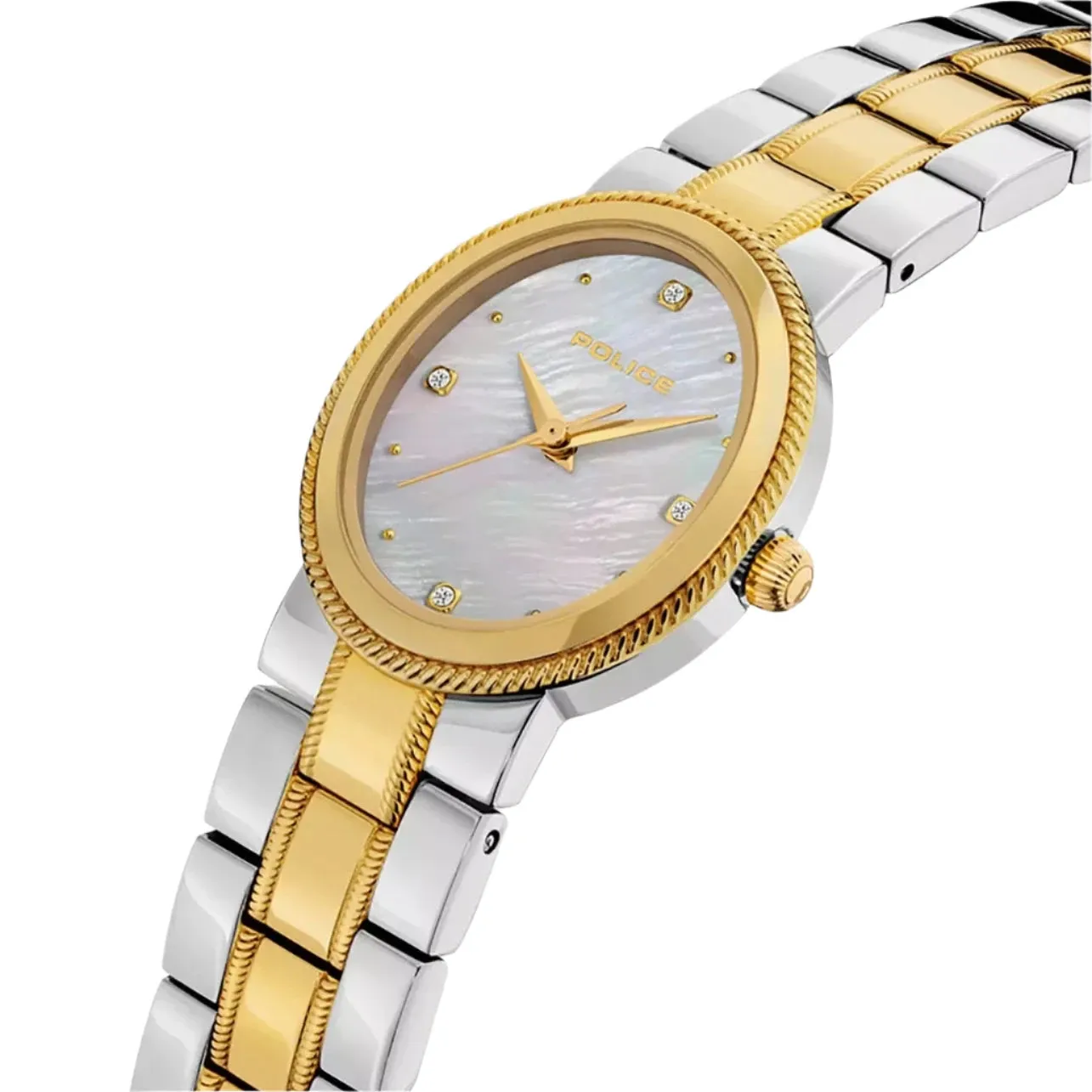 Police Urban Ladies White Mother-of-Pearl Dial and Silver & Gold Stainless Steel Bracelet Watch