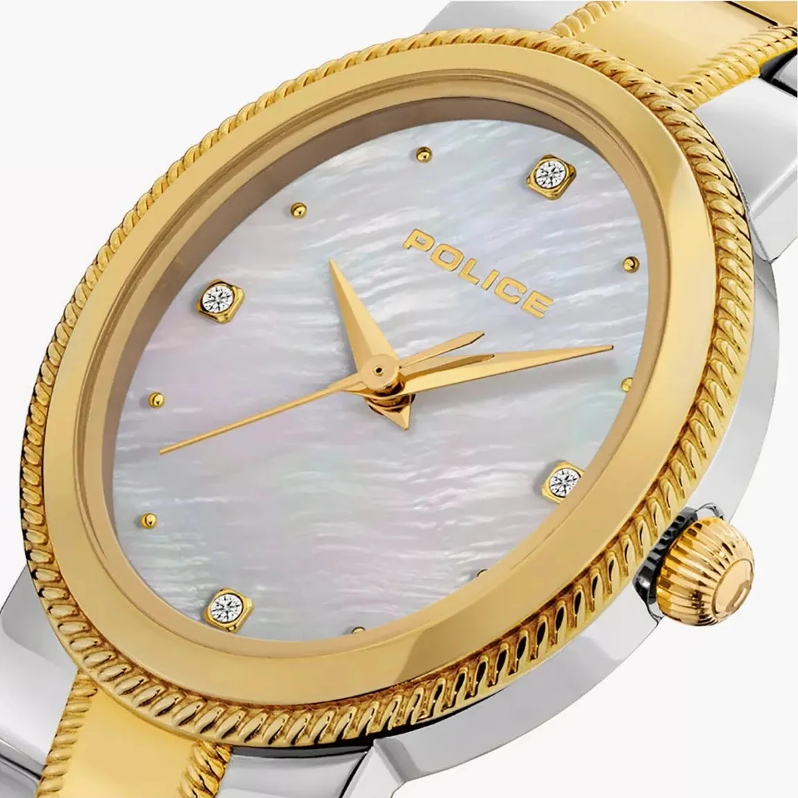 Police Urban Ladies White Mother-of-Pearl Dial and Silver & Gold Stainless Steel Bracelet Watch