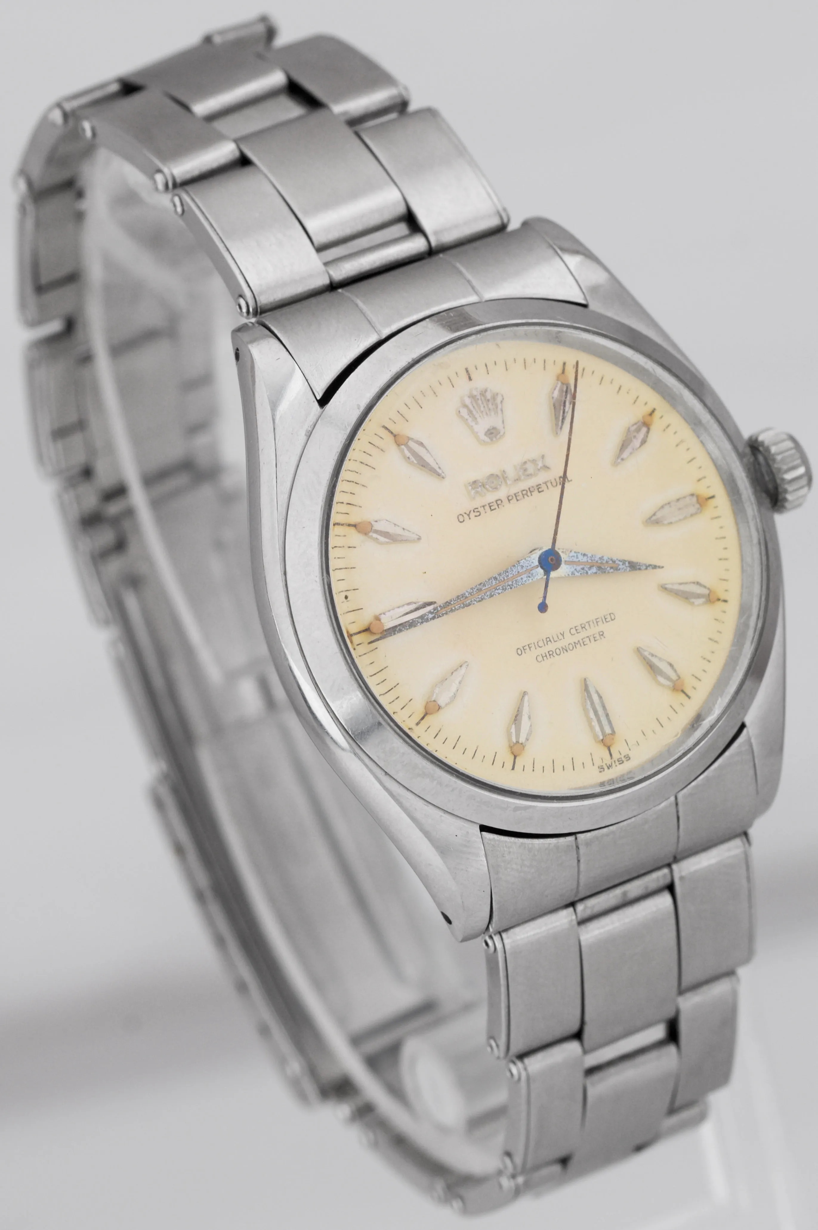 RARE 1957 Rolex Oyster Perpetual 34mm CREAM PATINA Stainless Steel Watch 6564