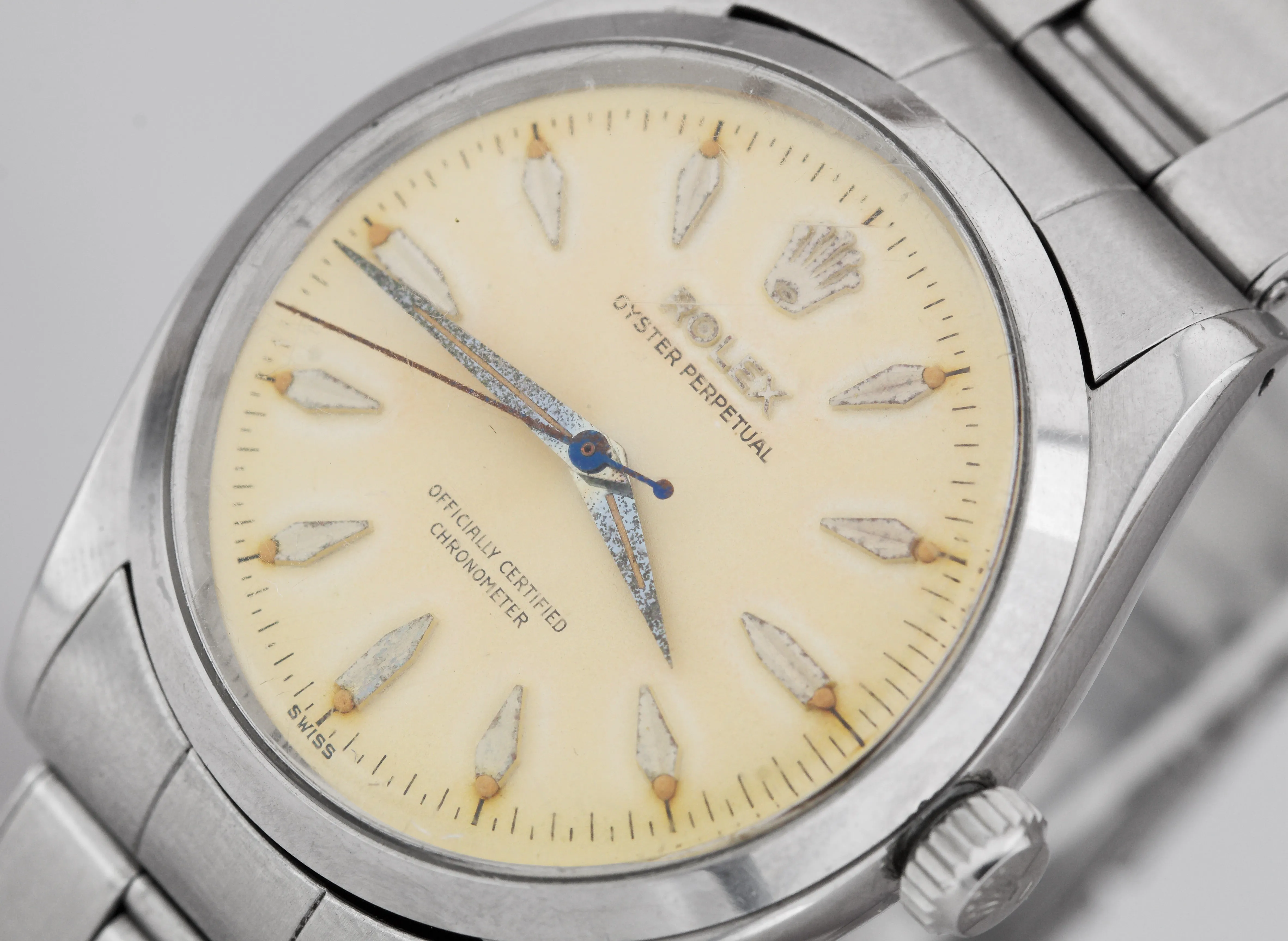 RARE 1957 Rolex Oyster Perpetual 34mm CREAM PATINA Stainless Steel Watch 6564