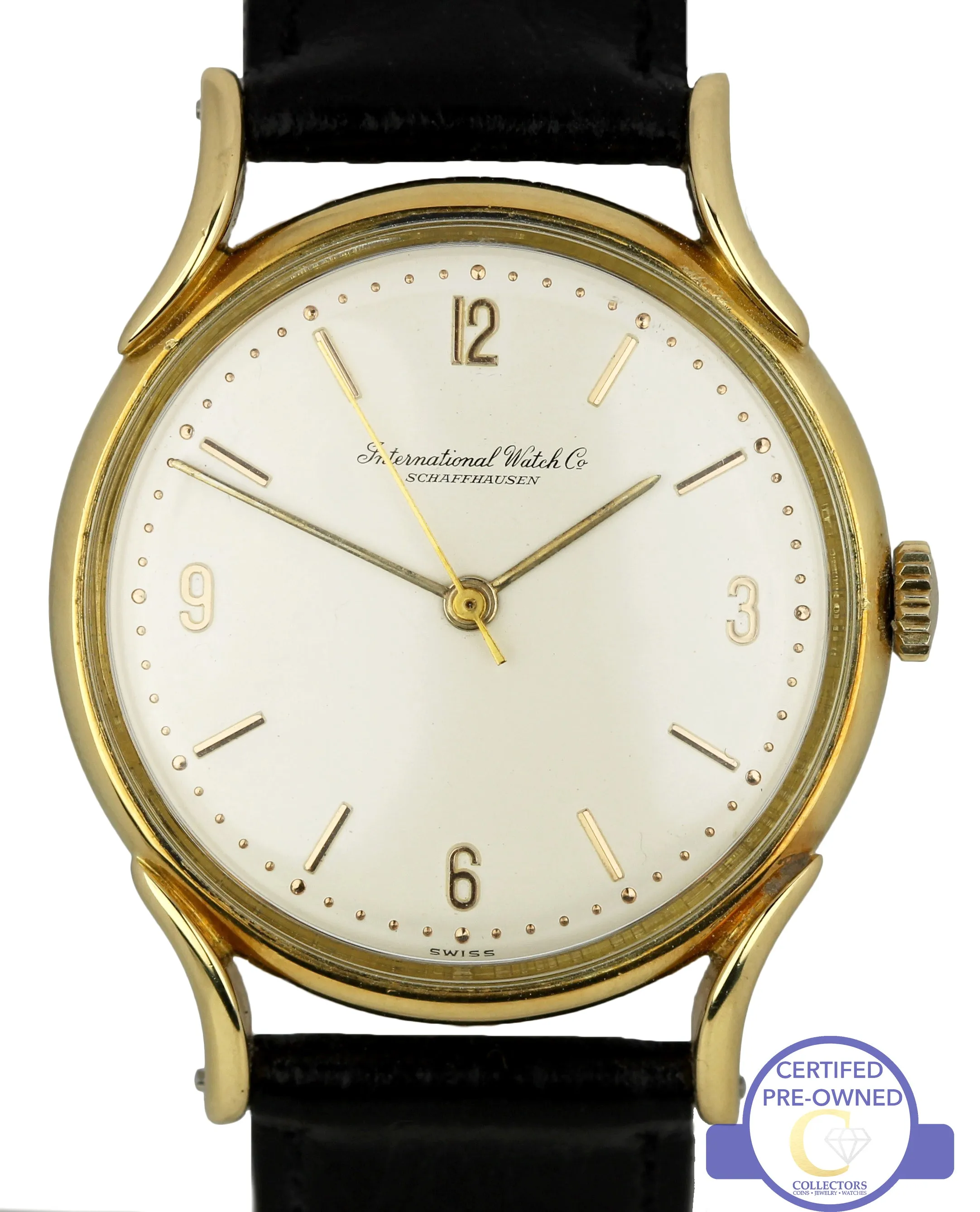 RARE IWC Schaffhausen Bombe Lugs Fancy 18K Gold Arabic Stick Calibre 60 Watch