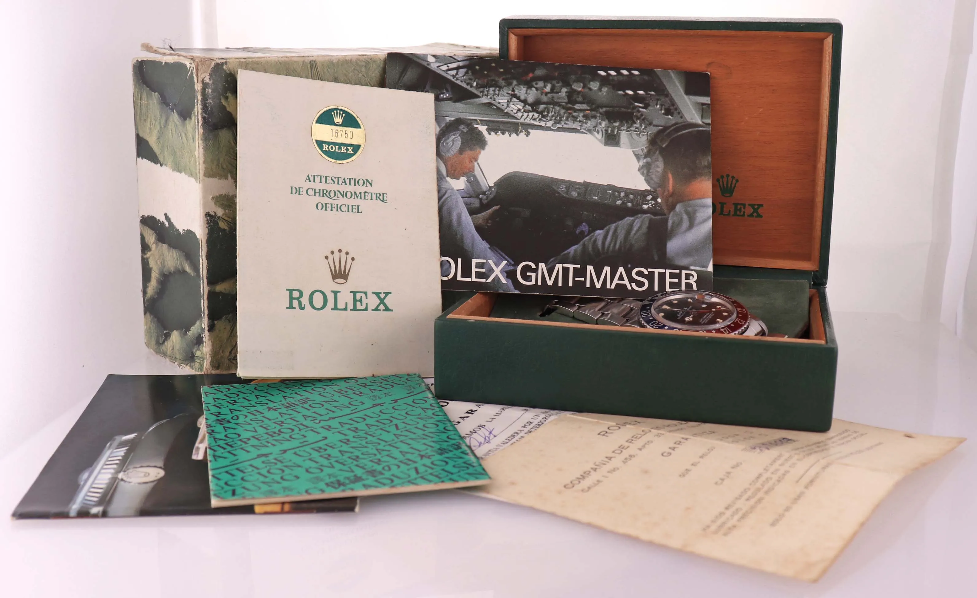 RARE PAPERS Rolex GMT-Master Pepsi Blue Red Patina Steel 16750 40mm Watch Box